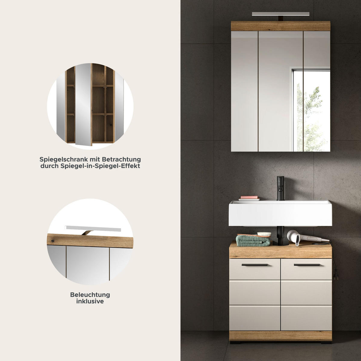 BAD-SET SCOUT 3-tlg . (B/H/T: ca. 60/191/34 cm) in Evoak Oak Nachbildung/- - Eichefarben, Holz (60/191/34cm)