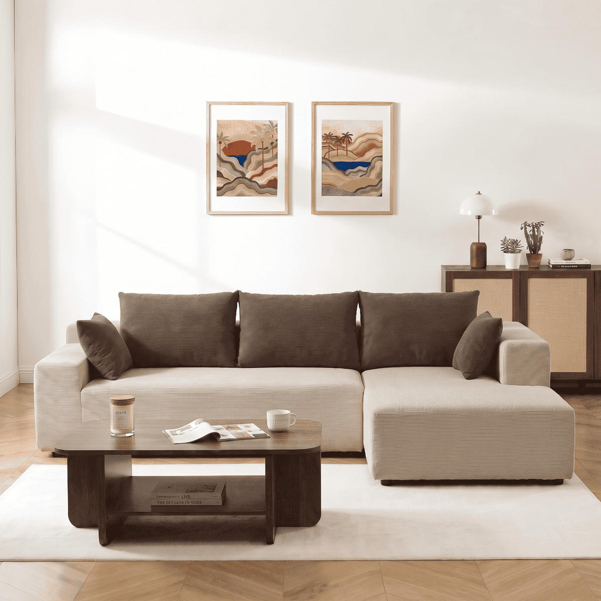 ECKSOFA Luna Sand Braun 3-Sitzer Rechts - Braun, Textil (267/175cm) - COCO Living