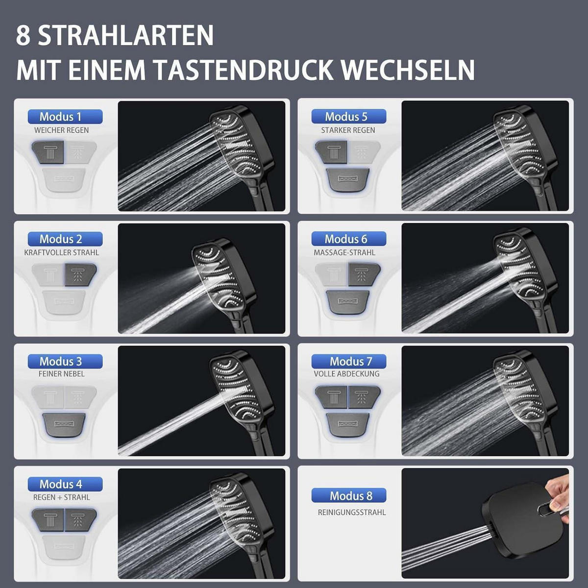 HANDBRAUSE mit 8 Strahlarten Schwarz - Schwarz, Kunststoff (12/12.7/26cm)