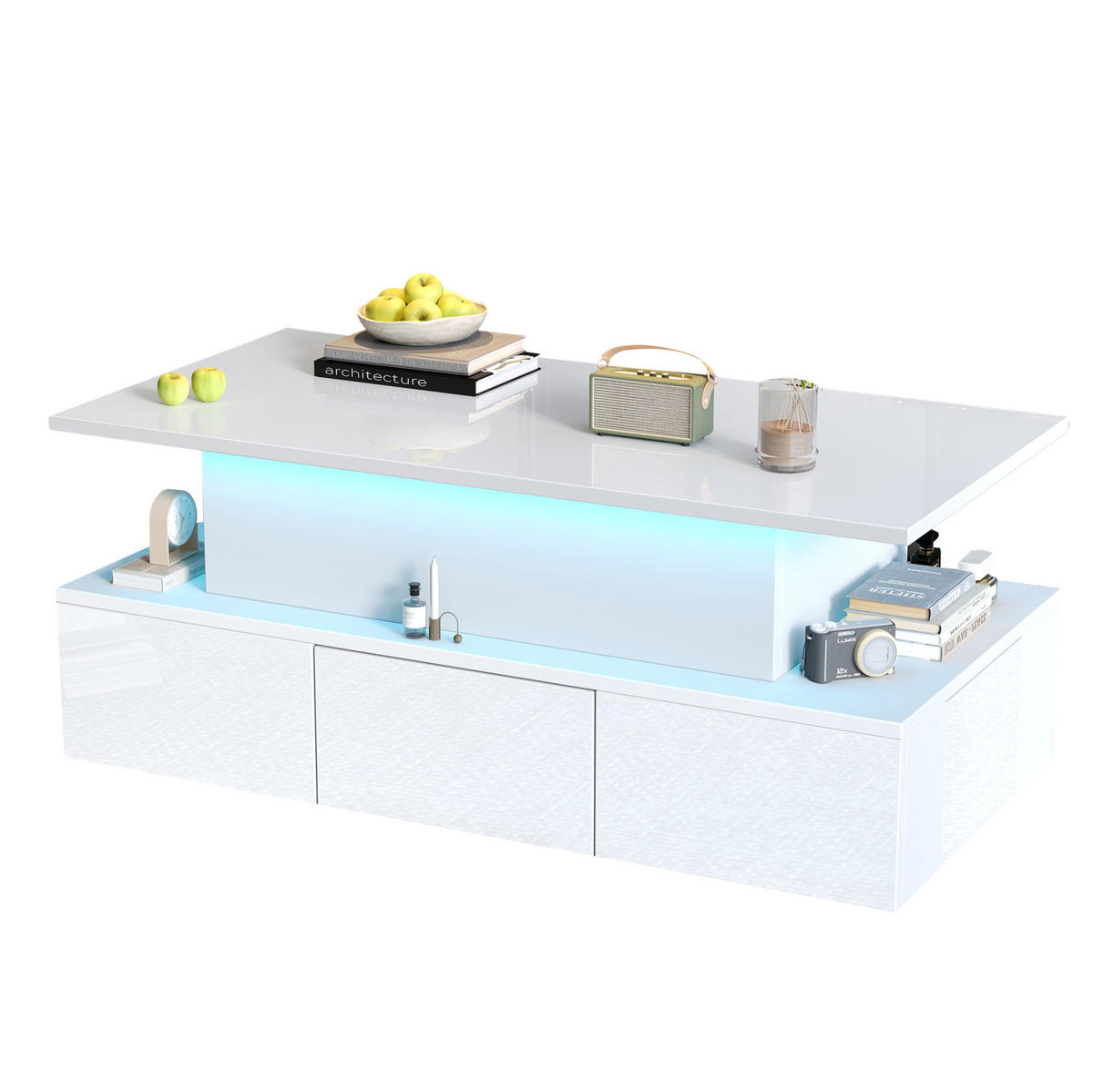 COUCHTISCH 100/50/40 cm höhenverstellbar mit LED, USB, 4 Schubladen und verstecktem Stauraum, Weiß, MDF - Weiß, Holzwerkstoff (100/50/40cm) - Redom