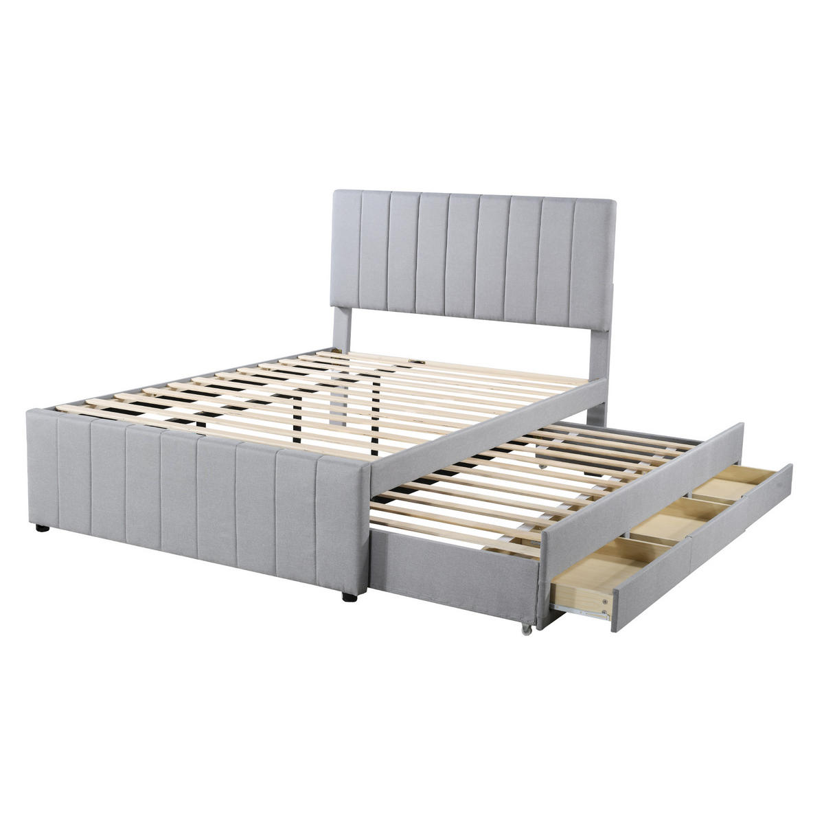 POLSTERBETT 140/200 cm grau mit Ausziehbett und Schubladen - Grau, Textil (140/200cm) - OKWISH
