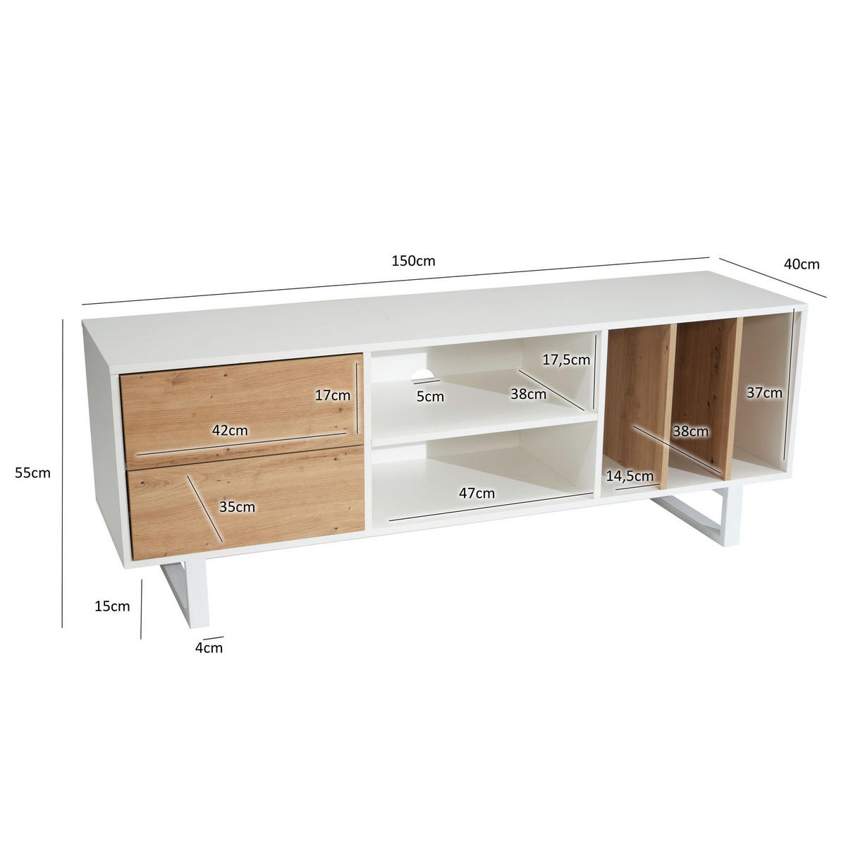 TV-LOWBOARD mit Eiche-Dekor, Schubladen und offenes Regal, modern, Weiß 150x40x55 cm - Weiß, Holzwerkstoff/Metall (150/55/40cm) - KADIMA DESIGN