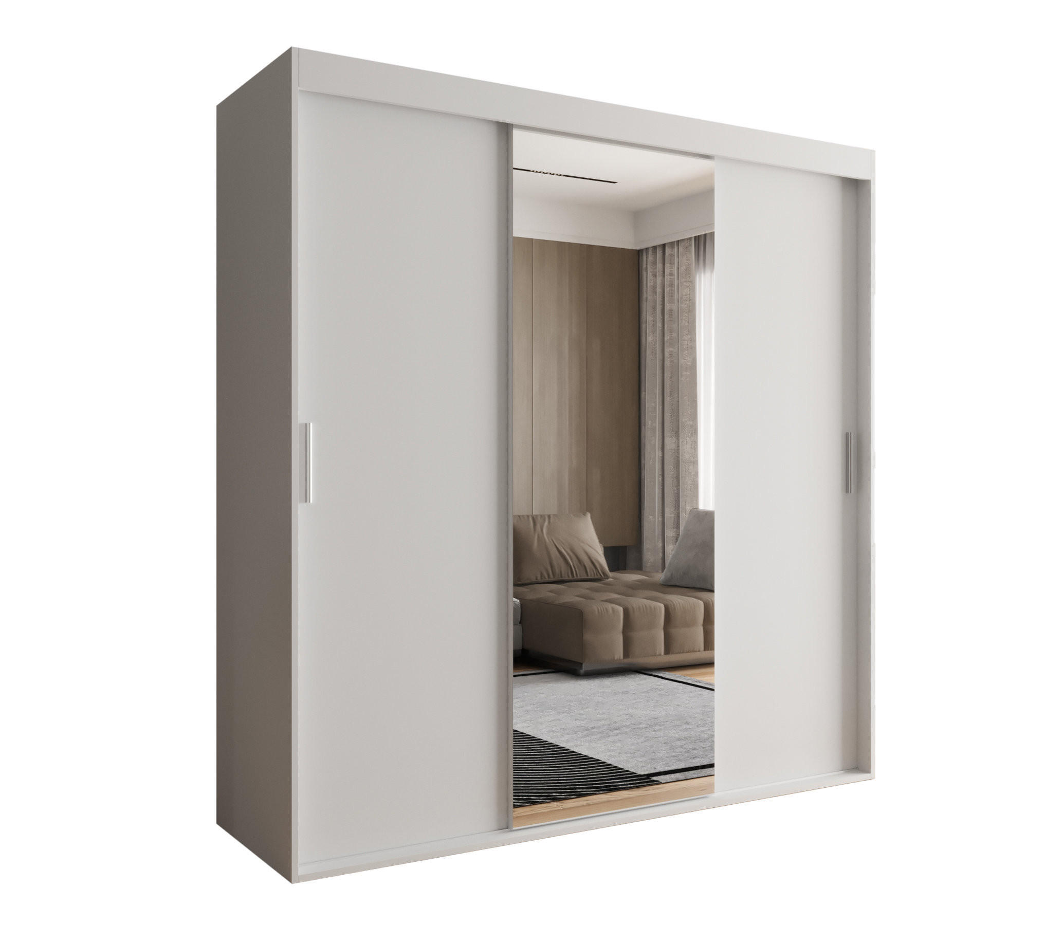 SCHIEBETÜRENSCHRANK OTARIO, 3-türig Kleiderschrank mit 1 Spiegel, Moderne Garderobe, Schrank in Größe: 180 x 205 x 60 cm - Weiß, Holzwerkstoff (180/205/60cm) - O-Sofa