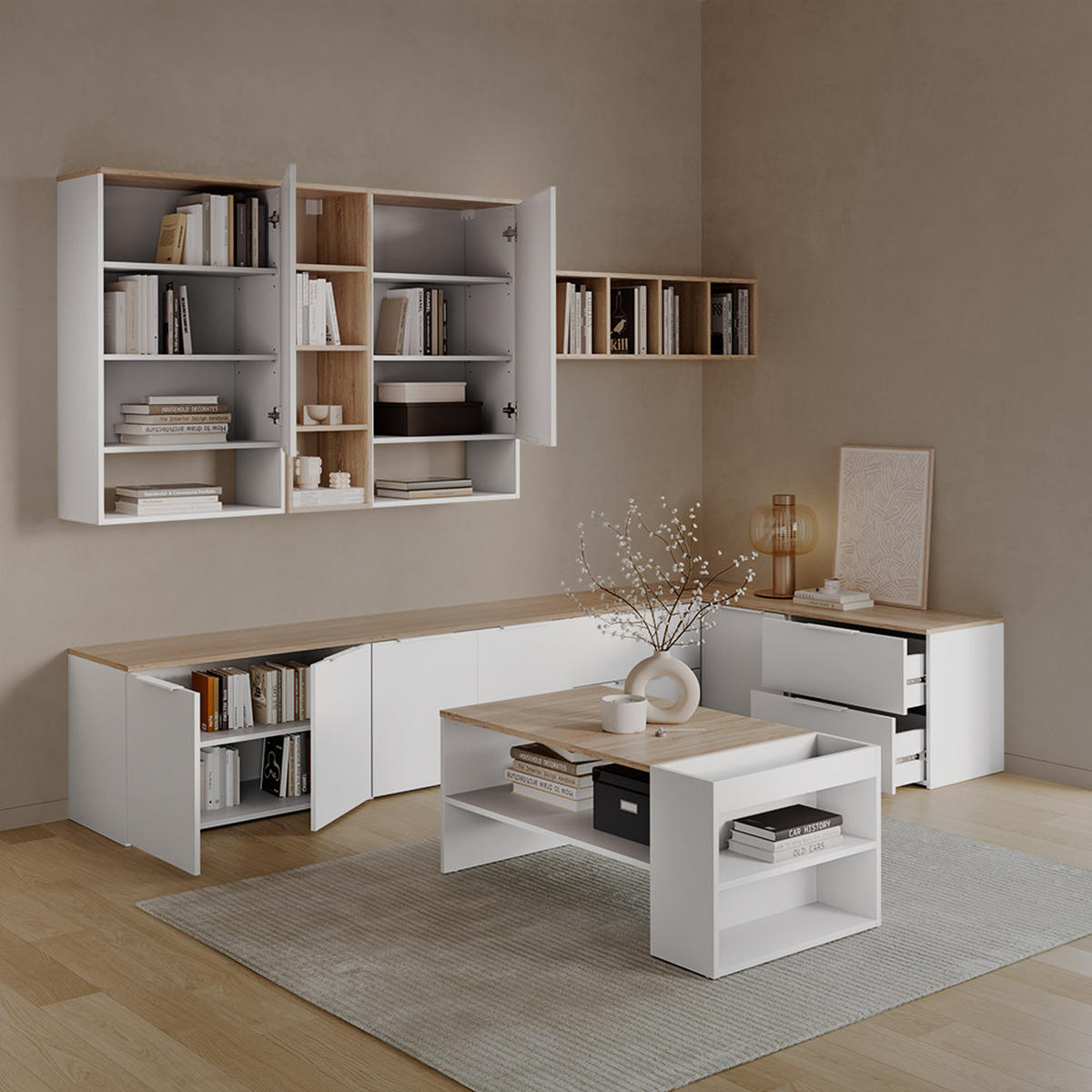 COUCHTISCH Piave Weiß/Sonoma mit Regalen - Weiß/Sonoma Eiche, Holzwerkstoff (55/100/42cm) - Livinity®