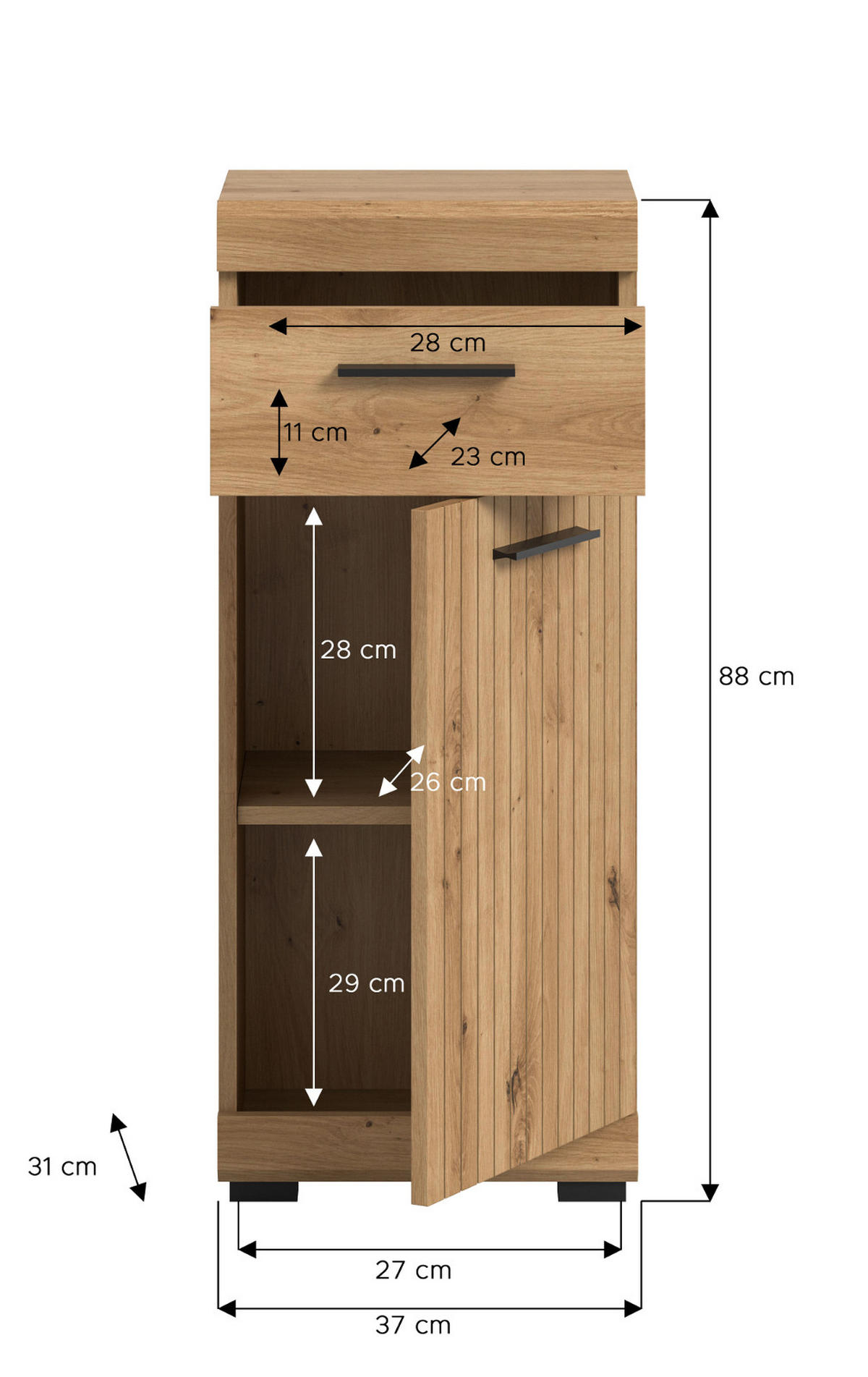 BADKOMMODE Eiche Artisan 37 x 88 cm, Badschrank mit moderner Rillen-Optik - Schwarz/Eiche Artisan, Holzwerkstoff/Kunststoff (37/88/31cm) - Inn.Furn