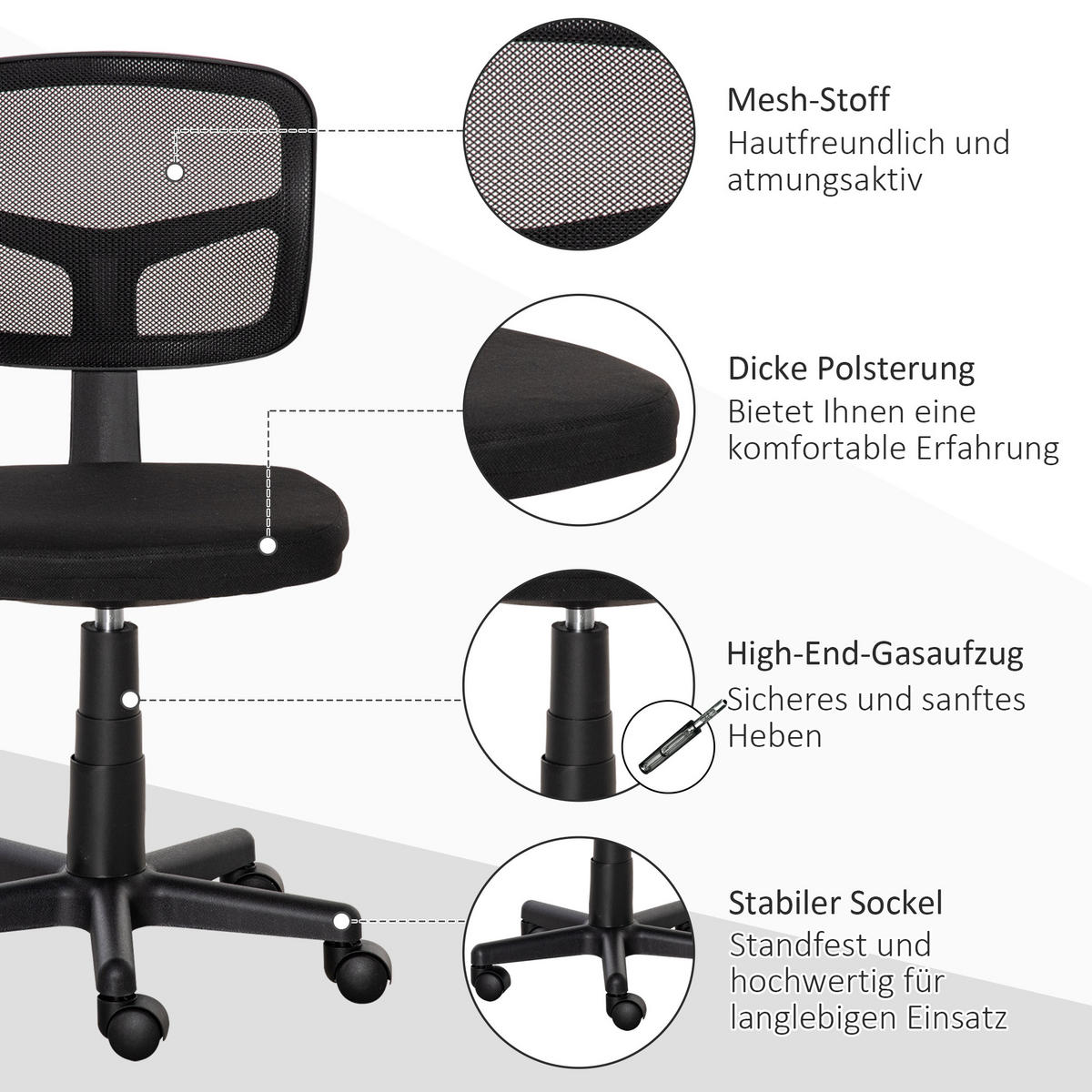 BÜROSTUHL Ergonomischer Schreibtischstuhl, Höhenverstellbarer Drehstuhl, Schwarz - Schwarz, Kunststoff/Textil (48/89.5/43cm) - Vinsetto