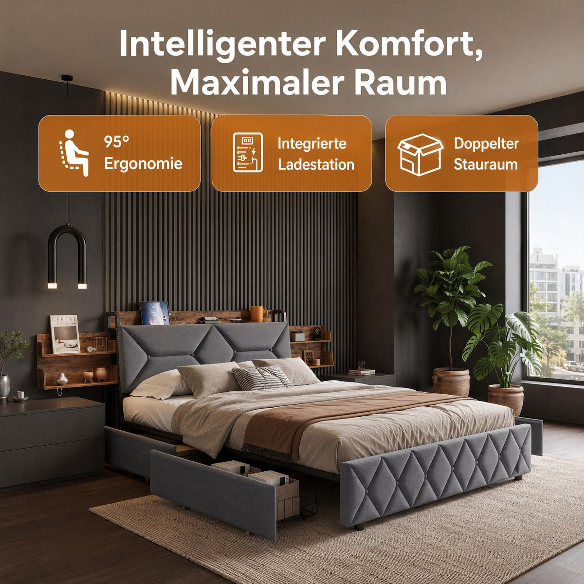 POLSTERBETT 140x200 mit Stauraum, 4 Schubladen und Steckdose, Lattenrost, Kopfteil mit verstecktem Stauraum, Grau - Grau, Holz/Textil (140/200cm) - GENKI LIVING