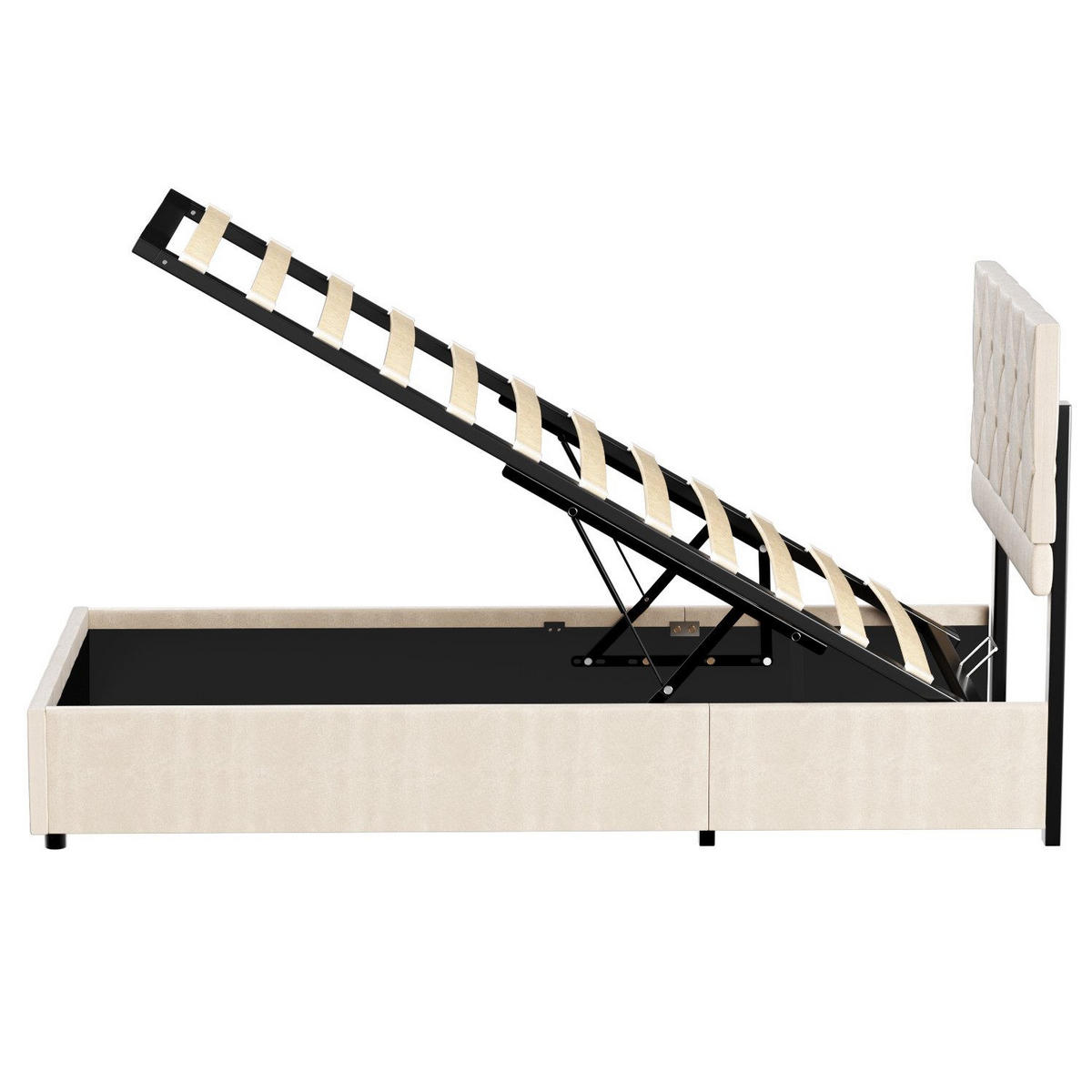 POLSTERBETT 90/200 cm Beige mit hydraulischem Stauraum aus Samt - Beige, Holzwerkstoff (90/200cm) - OKWISH