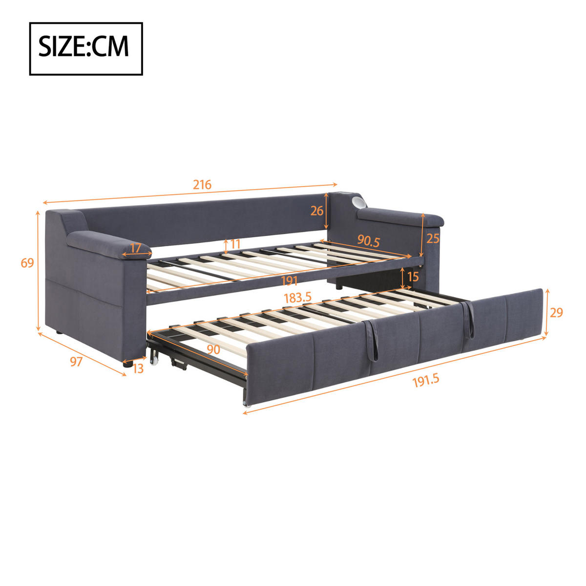 SCHLAFSOFA 90/190-180/190 cm mit hydraulischem Auszug, Bluetooth-Stereo, USB und Ablagefächern, Grau - Grau, Textil (216/69/97cm) - Redom