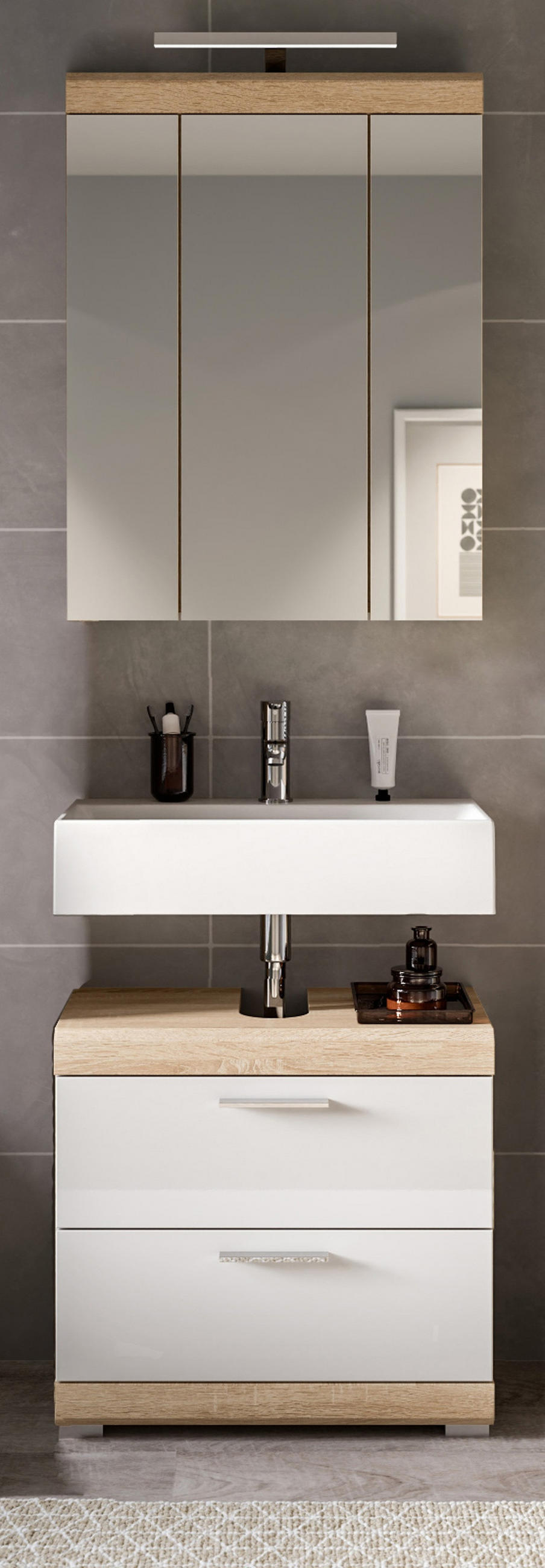 BADMÖBEL-SET weiß Hochglanz, Eiche 2-teilig 60 cm, Badezimmerschränke - Weiß Hochglanz/Eichefarben, Glas/Holzwerkstoff (60/191/37cm) - Inn.Furn