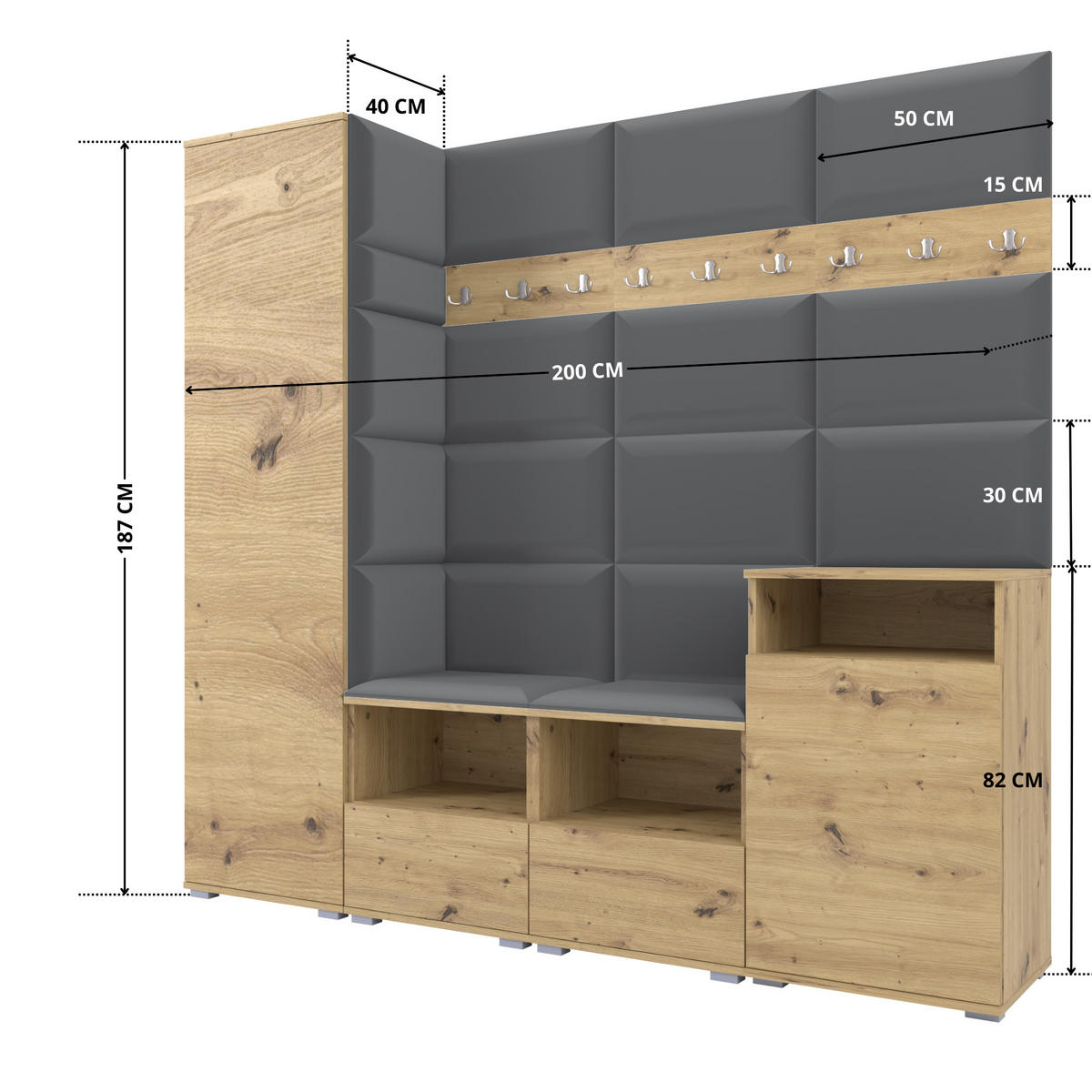 GARDEROBE NELA X 200 cm (Modulare Flurmöbel Artisan Eiche mit Sitzpolster Dunkelgrau 15 Schrank + Sidelboard) - Dunkelgrau/Silberfarben, Holz/Holzwerkstoff (200/187/40cm) - Ravio