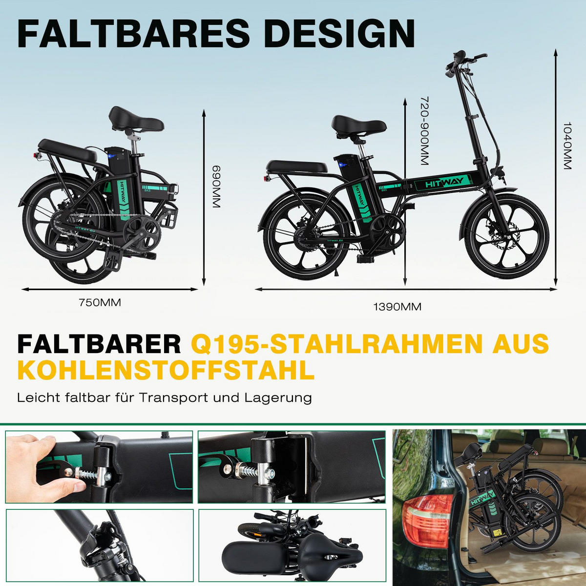 E BIKE Klapprad BK5S Leicht & Kompakt für Stadt & Bahn - 85% vormontiert mit 36Vh/10,4Ah abnehmbarer Akku - Schwarz, Metall (37cm) - HITWAY