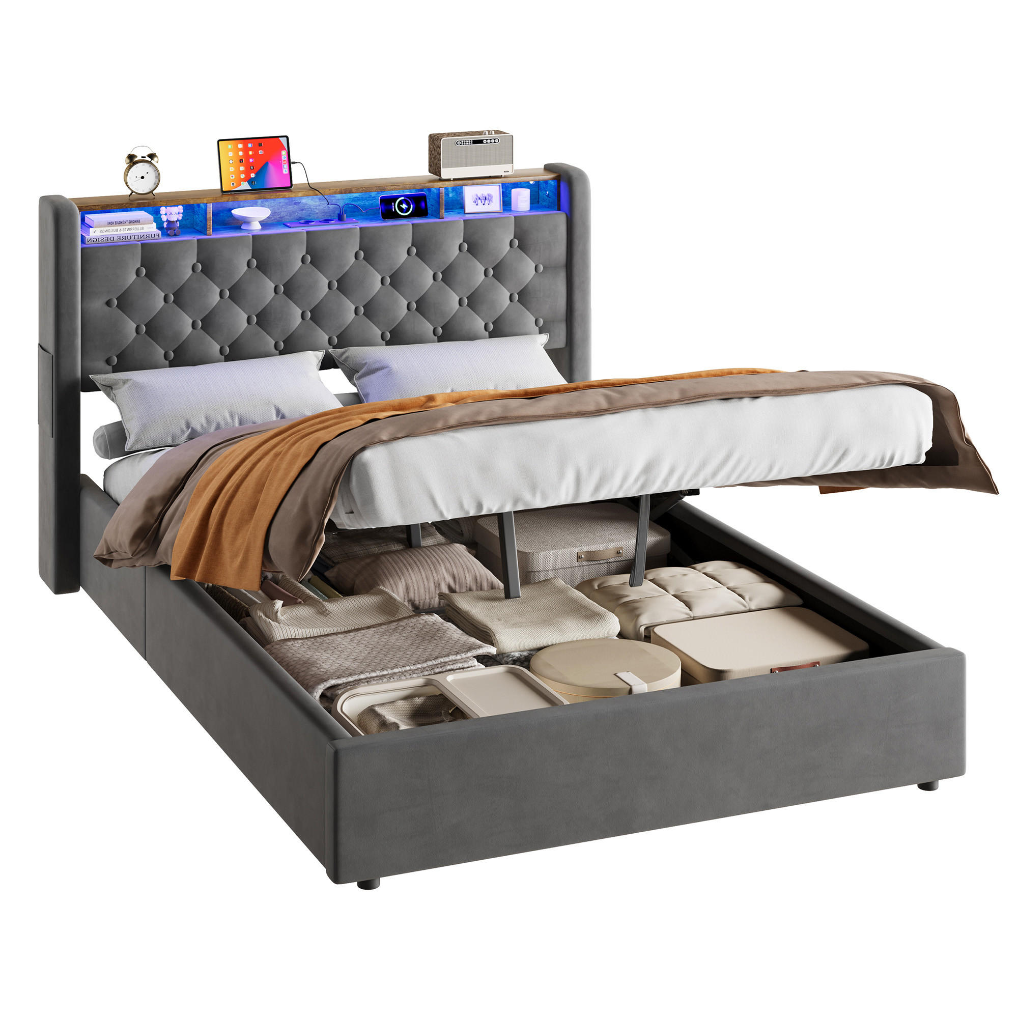 Redom ČALOUNĚNÁ postel 140x190 cm s hydraulickým lůžkovým boxem, zásuvkami, sklopným čelem postele, LED osvětlením, Šedá