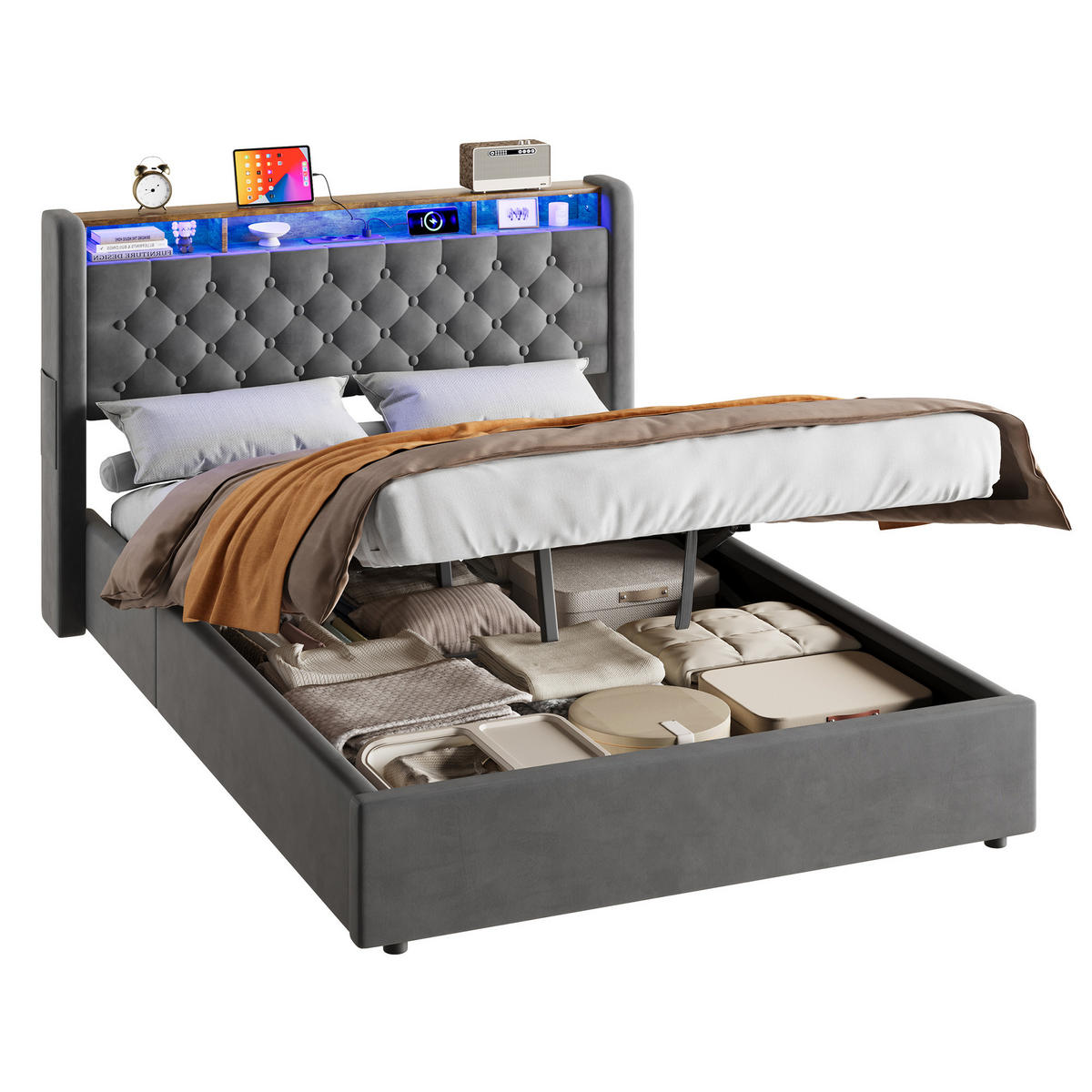 POLSTERBETT 140/200 cm mit hydraulischem Bettkasten, Schubladen, Klappbares Kopfteil, LED-Beleuchtung, Grau - Grau, Textil (140/200cm) - Redom