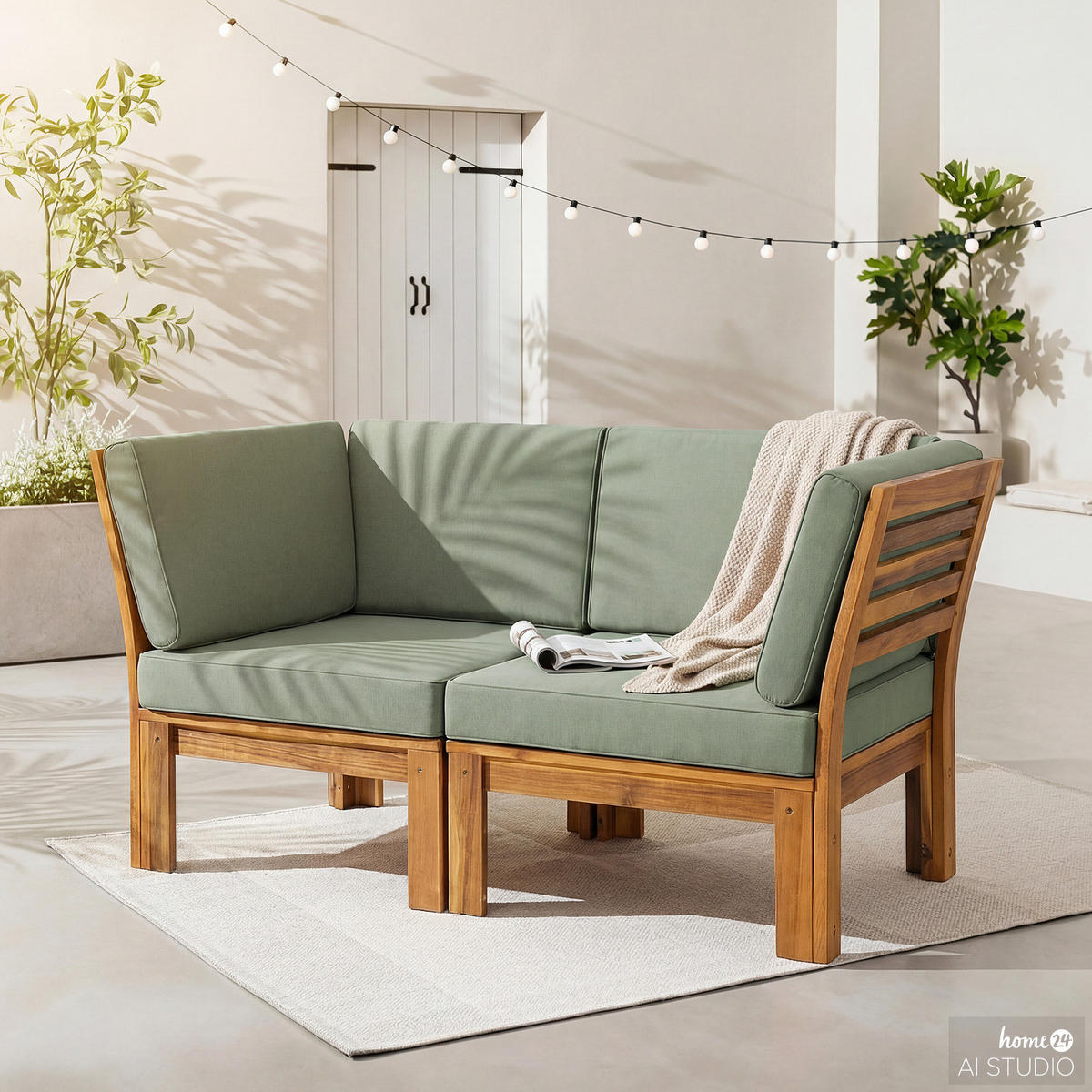 LOUNGEECKE - Webstoff / Akazie massiv - Olivgrün, Holz/Textil (71/73/71cm) - home24