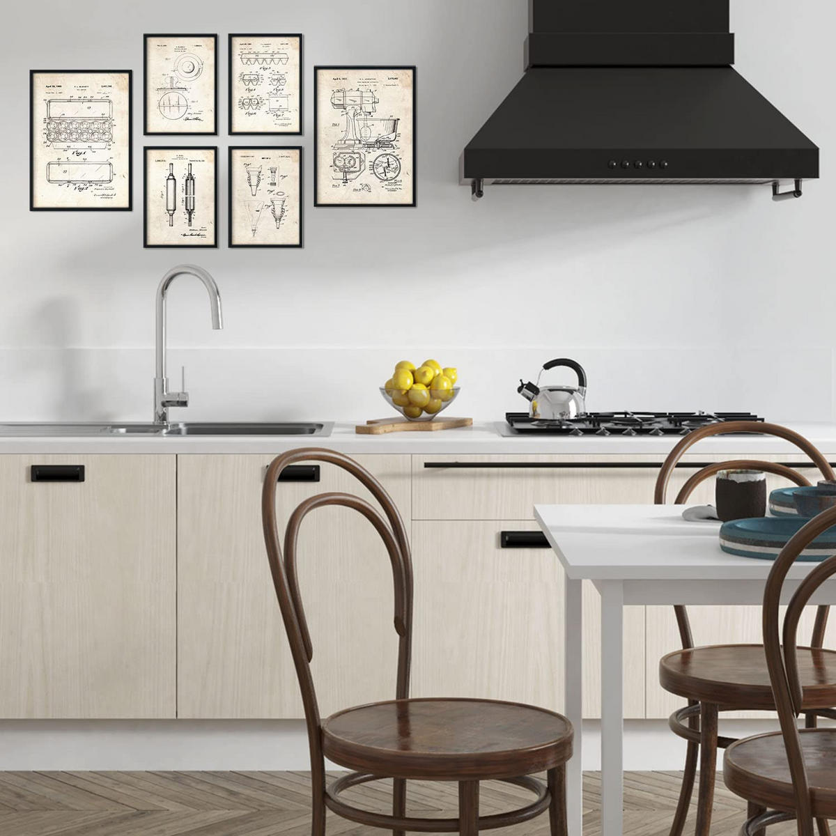 POSTER Set Mit 6 Plakaten Mit Küchengeräte Patenten Im Vintage Stil A3 & A4 Schwarzer Rahmen - Schwarz, Papier (29/3cm) - Nacnic
