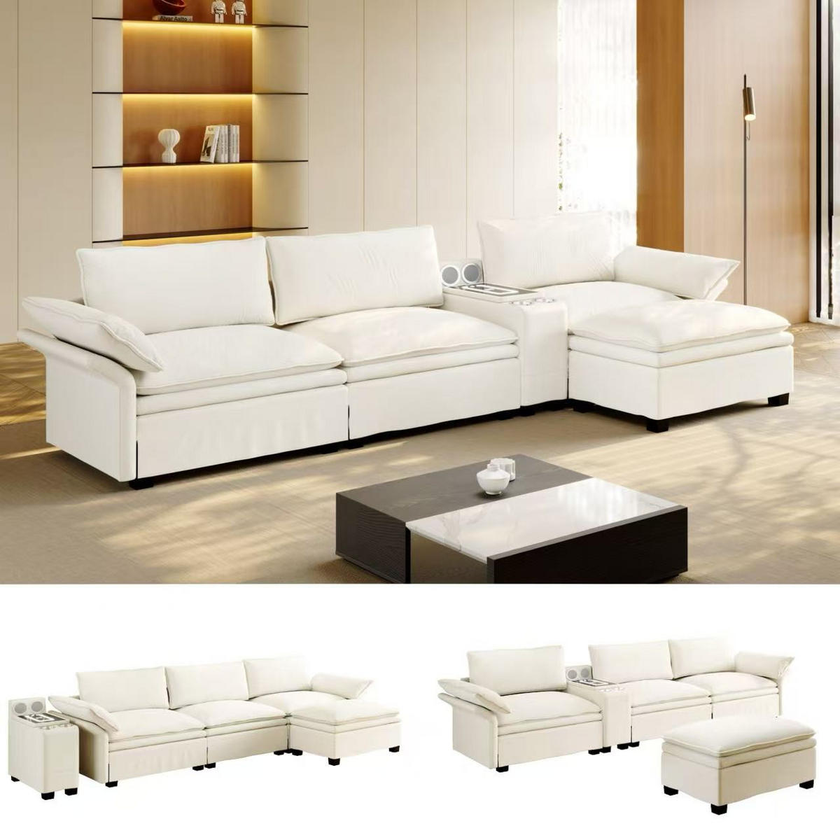 4-SITZER ECKSOFA Chenille Beige mit Stauraum, LED und Bluetooth-Lautsprechern - Beige, Holzwerkstoff/Textil (315/70cm) - WISHDOR