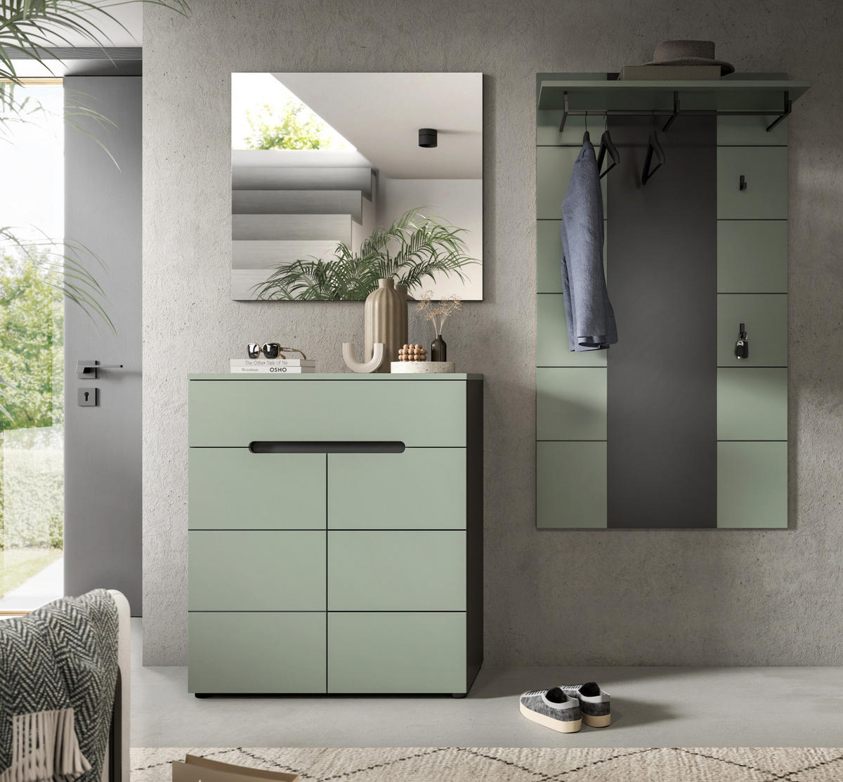 GARDEROBEN-SET 3-teilig Salbei grün, grau 175 cm, Flurschränke mit Soft-Close-Funktion - Salbeigrün/Schwarz, Holzwerkstoff/Kunststoff (175/190/37cm) - Inn.Furn