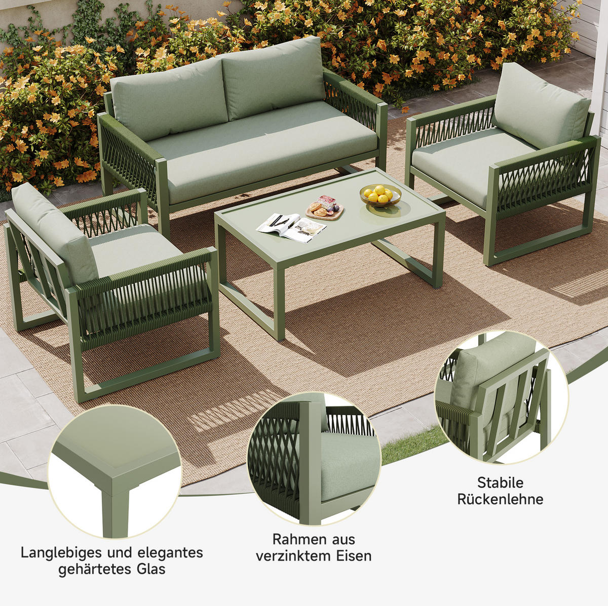 GARTEN-LOUNGE-SET mit Glas-Couchtisch & Seilgeflecht, 4-teilig, 126/65/72 cm, Grün - Grün, Metall - Redom