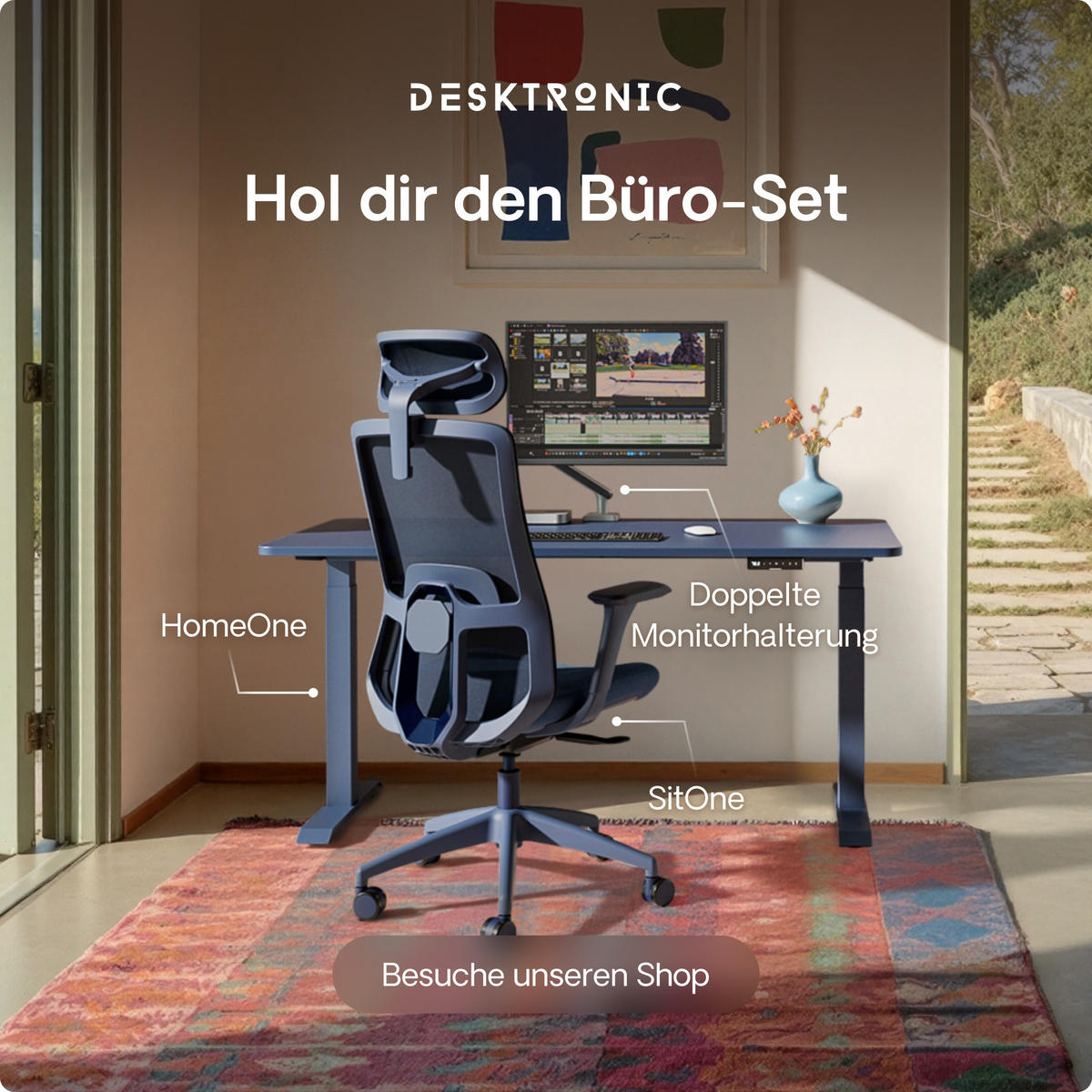 SCHREIBTISCH Elektrisch Höhenverstellbarer HomeOne 120x60cm Blau/Blau mit Memory-Funktion, Anti-Kollisions Technologie - Blau, Holzwerkstoff (60/120/72cm) - Desktronic