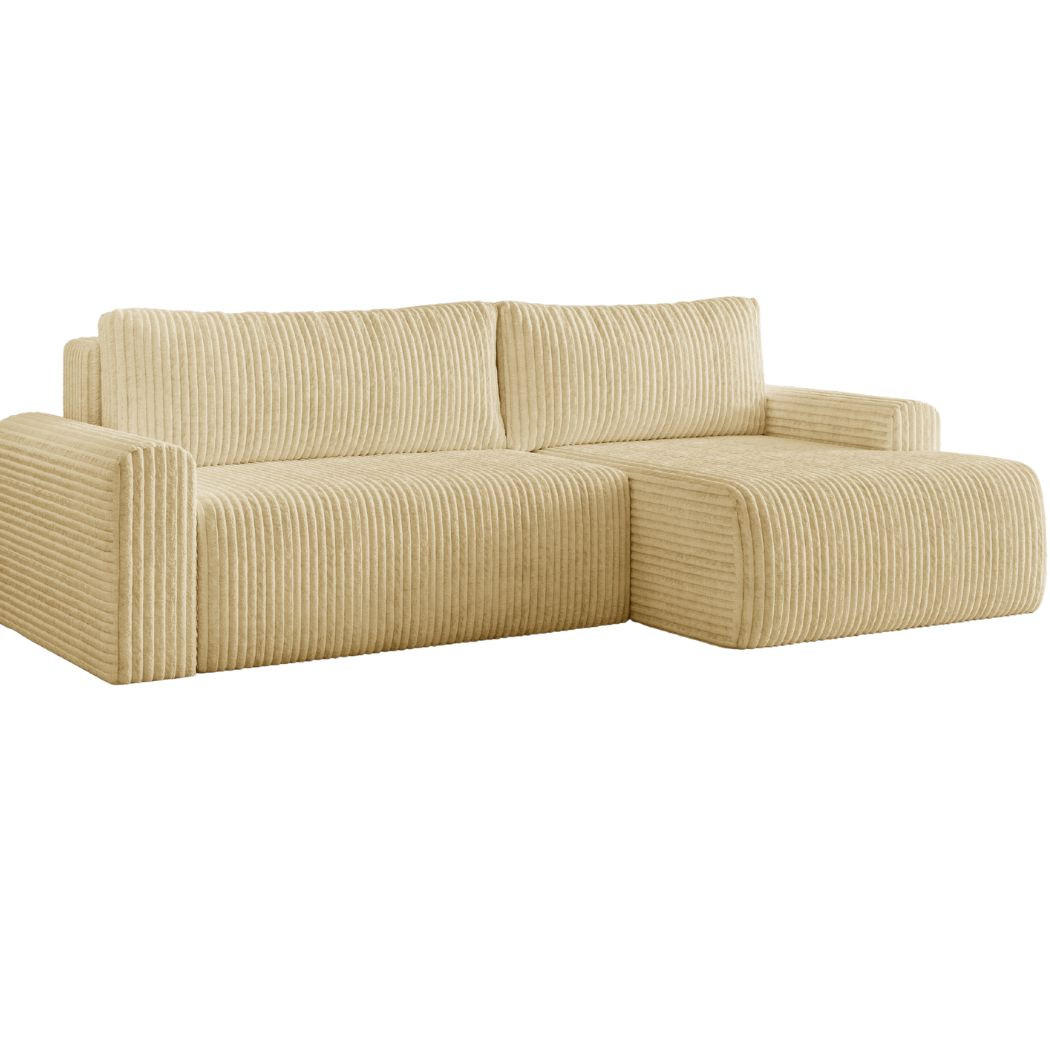 ECKSOFA MILO LARGE mit Schlaffunktion, Bettkasten und Cordbezug, Rechts - TILIA 08 (hellbeige) - Cognac, Holz (270/142cm) - Dekori_Interiors