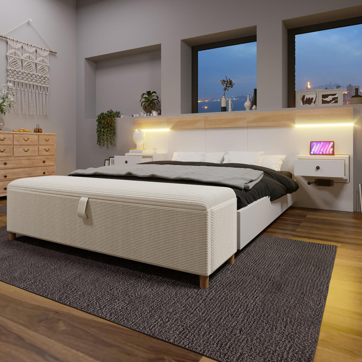 DOPPELBETT 140/200 cm Weiß aus Holz Cord mit LED-Nachttischen USB-C Stauraumbank - Weiß, Textil (140/200cm) - OKWISH