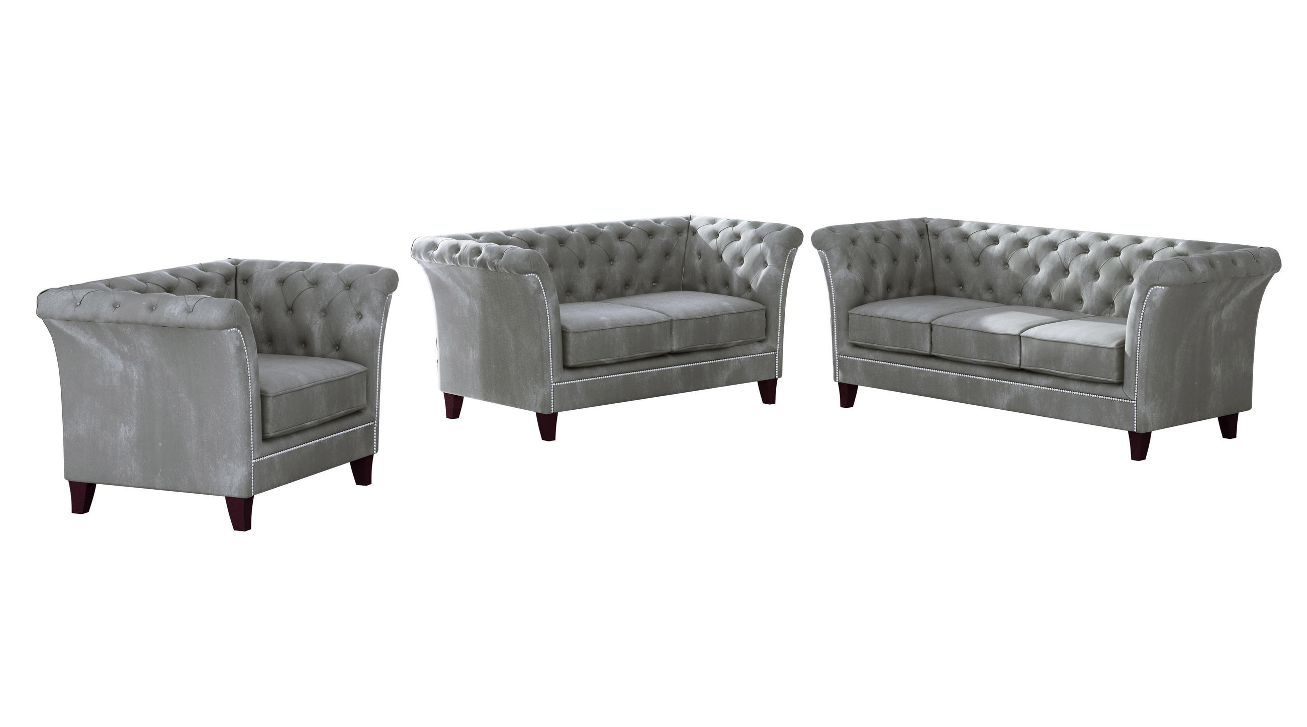 SITZGARNITUR 3+2+1 Chesterfield Fusion Grau Samt - Braun/Grau, Holz/Textil (237/75/82cm) - S-Style Möbel