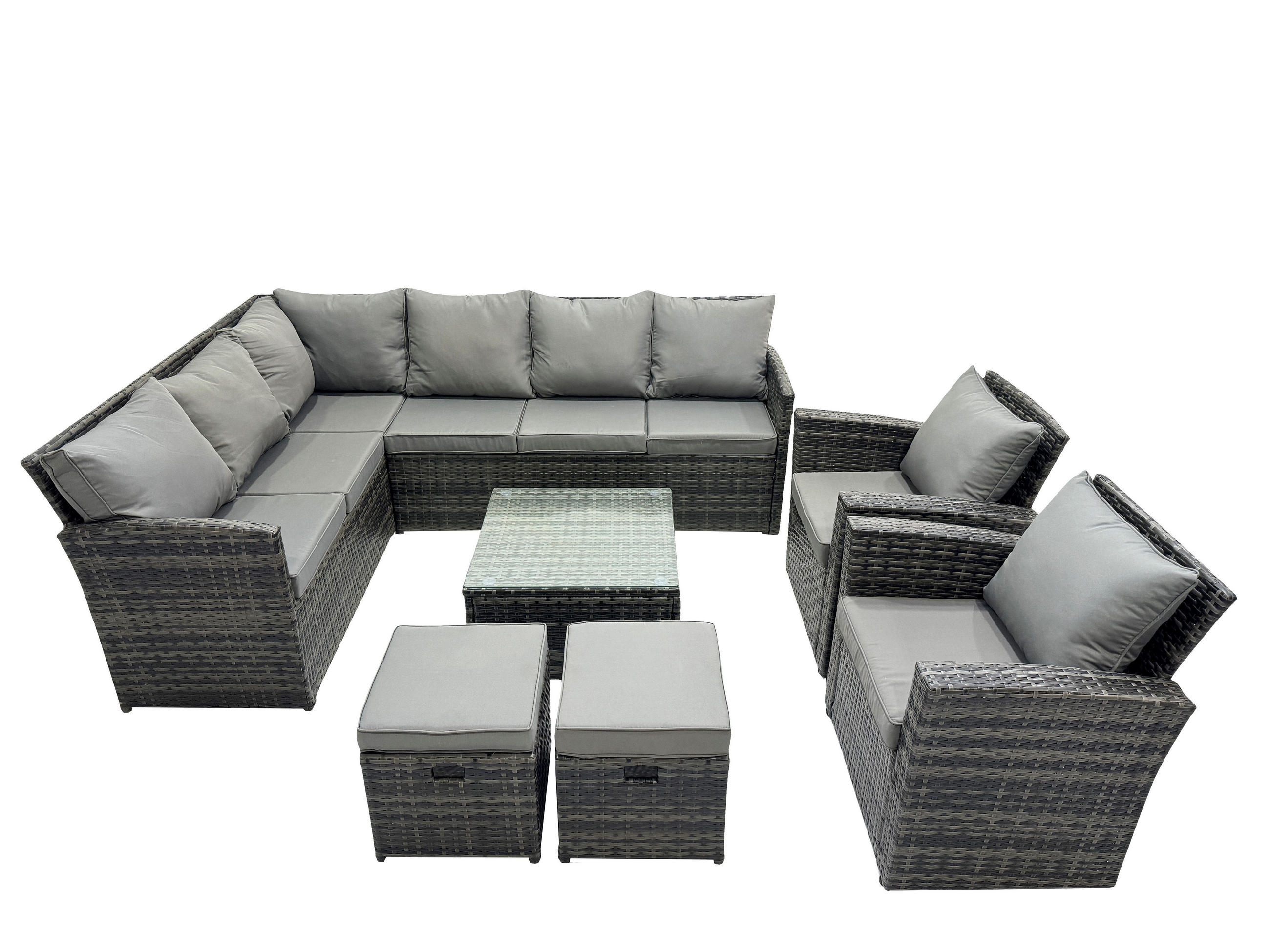 GARTENGARNITUR mit Ecksof,Couchtisch,2 Fußhocker, 2 Stühle Polyrattan Dunkelgrau 10-Sitzer - Dunkelgrau/Grau, Glas/Kunststoff - Fimous