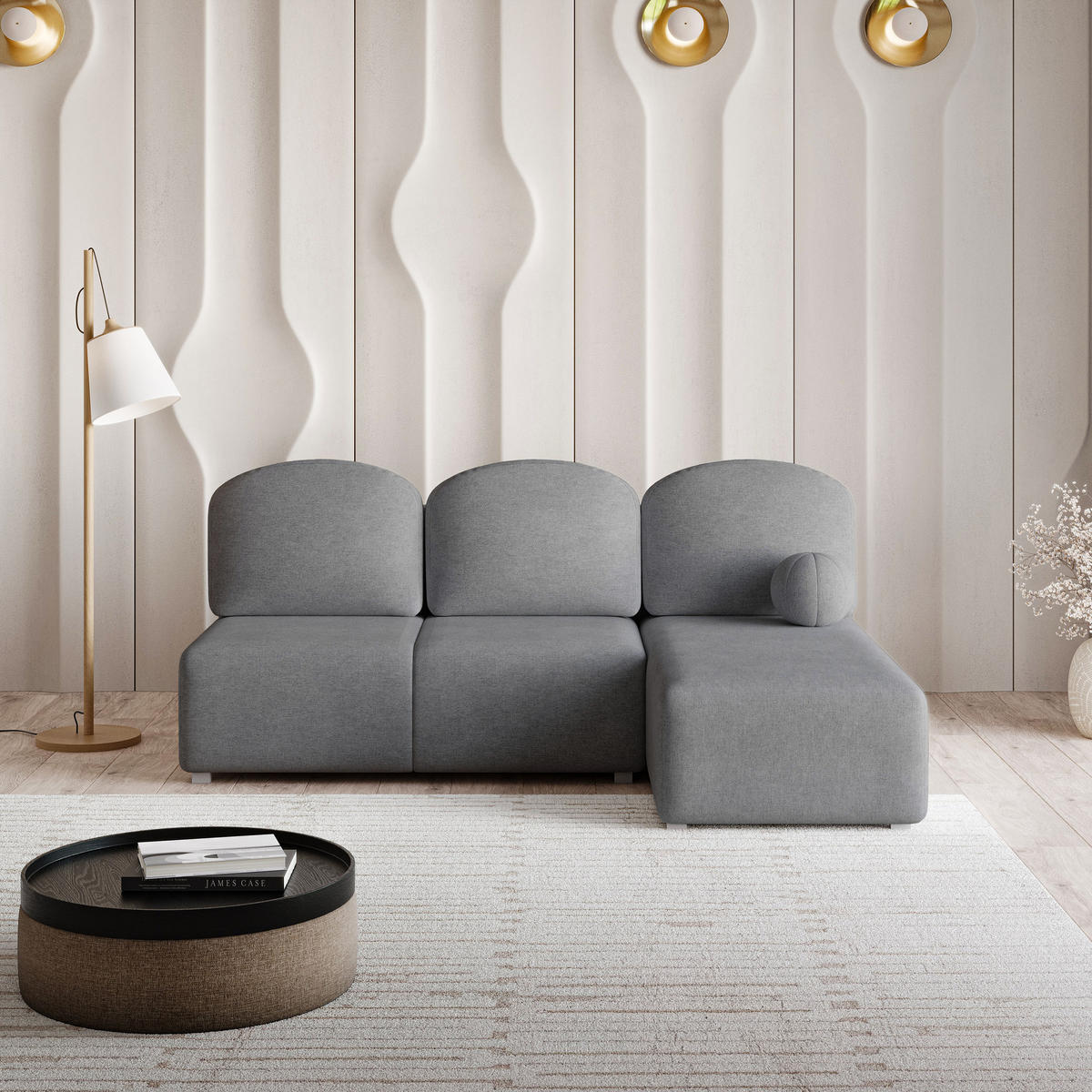 ECKSOFA TRAMA Grau Geflochtener Stoff mit Schlaffunktion - Grau, Holz (200/143cm) - MASSENO