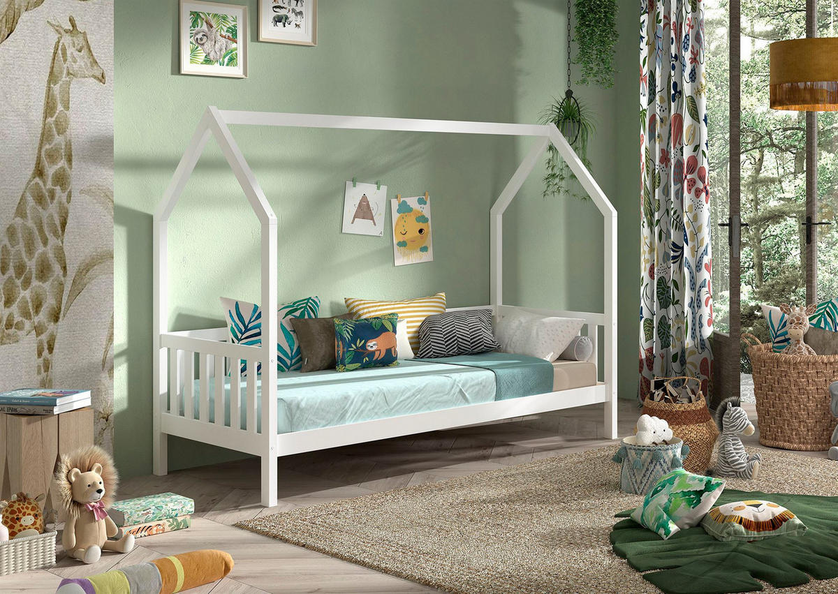 HAUSBETT Kandace 90x200 Kiefer massiv weiß mit Dachaufbau - Weiß, Holz (90/200cm) - 58aufmkessel