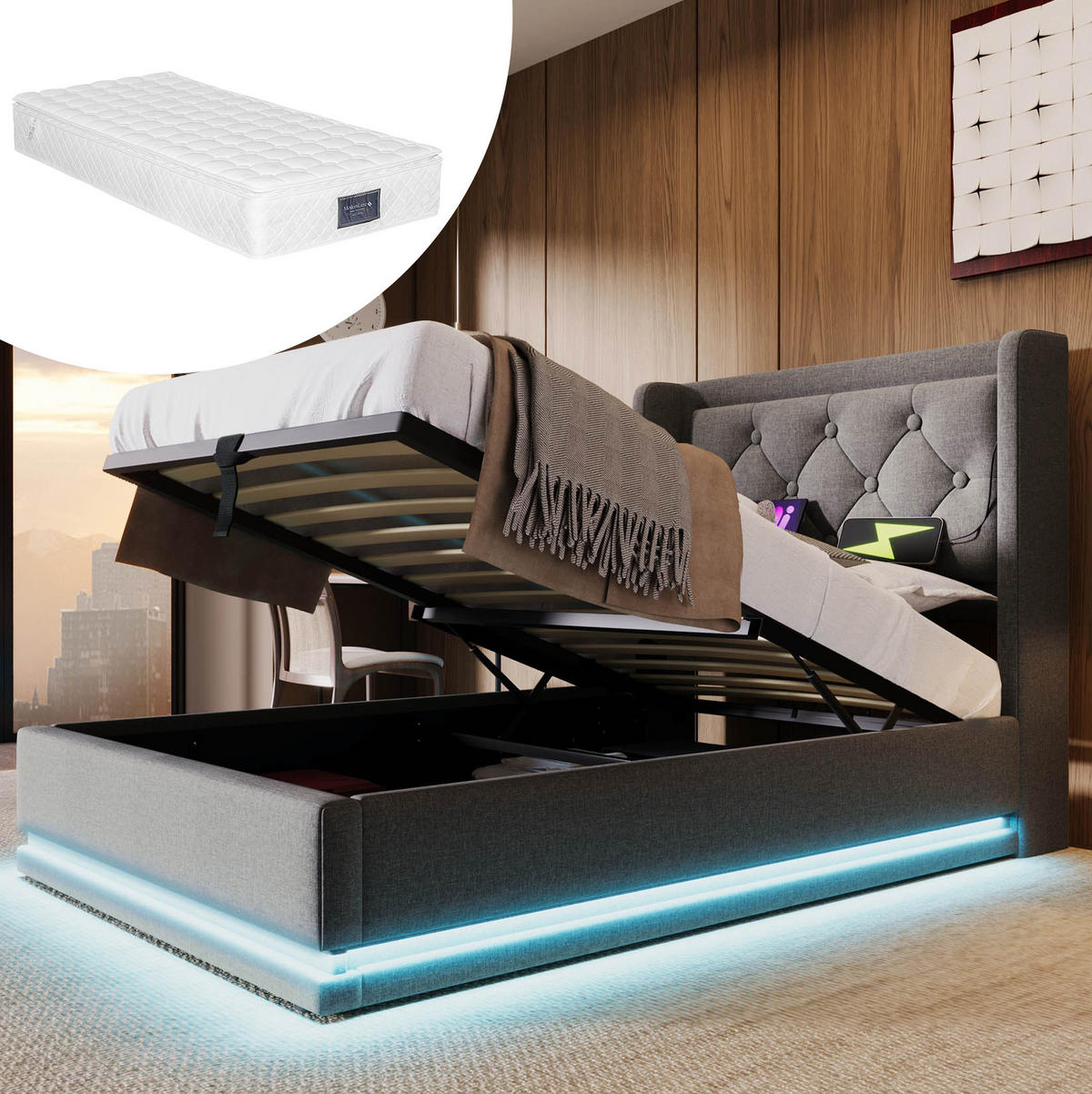 POLSTERBETT 90/200 cm mit USB-Typ-C, Matratze, LED und hydraulischem Bettkasten aus Baumwolle, Grau - Grau, Textil (90/200cm) - Redom