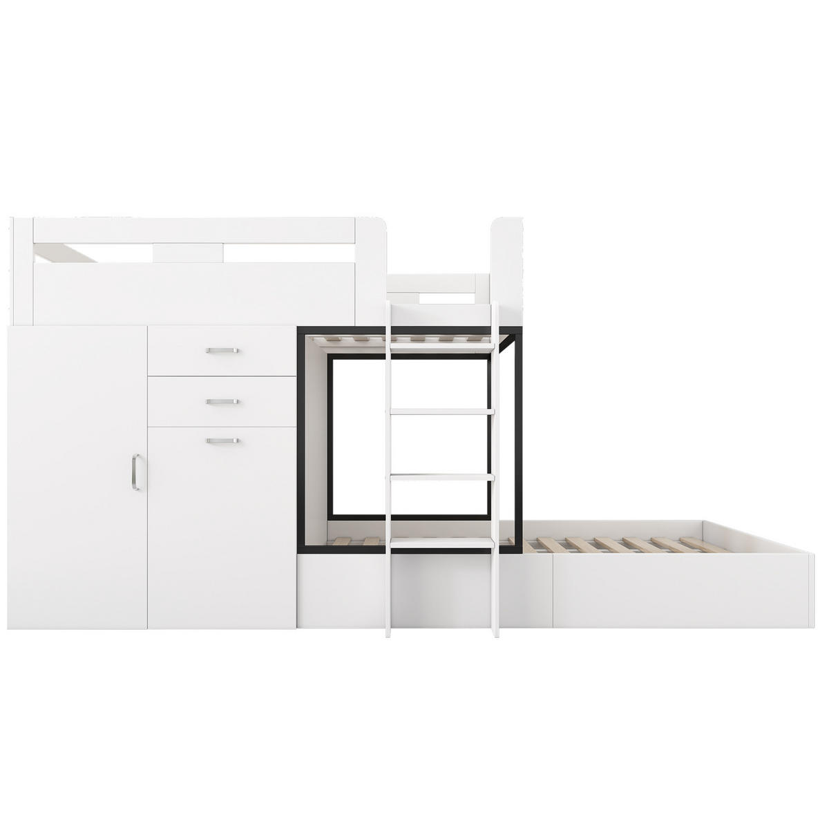 POSCHODOVÁ posteľ 90/200 cm biela/čierna s výsuvným písacím stolom a šatníkom z MDF - biela, kompozitné drevo (90/200cm) - OKWISH