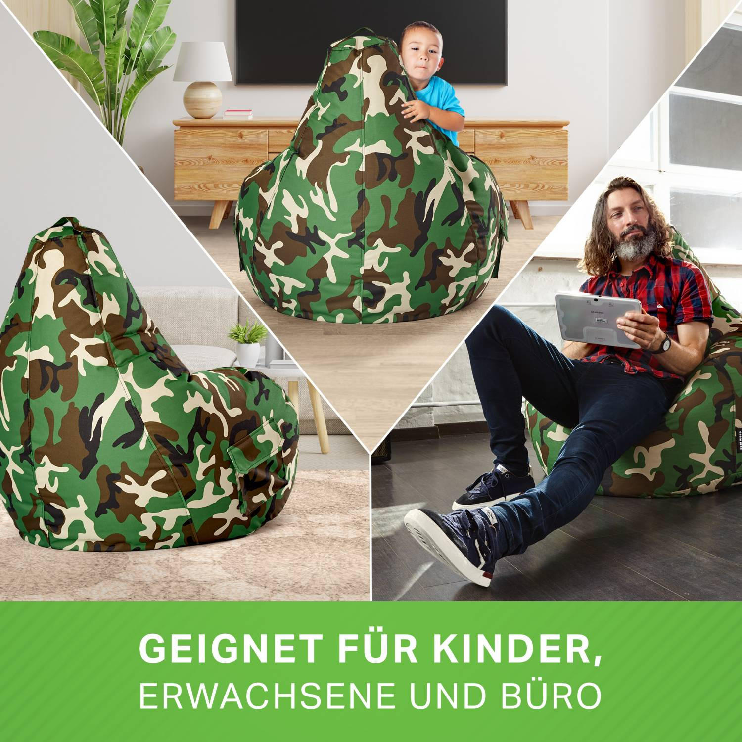 Thumbnail - Green Bean Sitzsack, Grün, Braun, Textil, Füllung: Styroporkugeln, Oval, 70x90x80 cm, Hergestellt in Deutschland, Wohnzi...