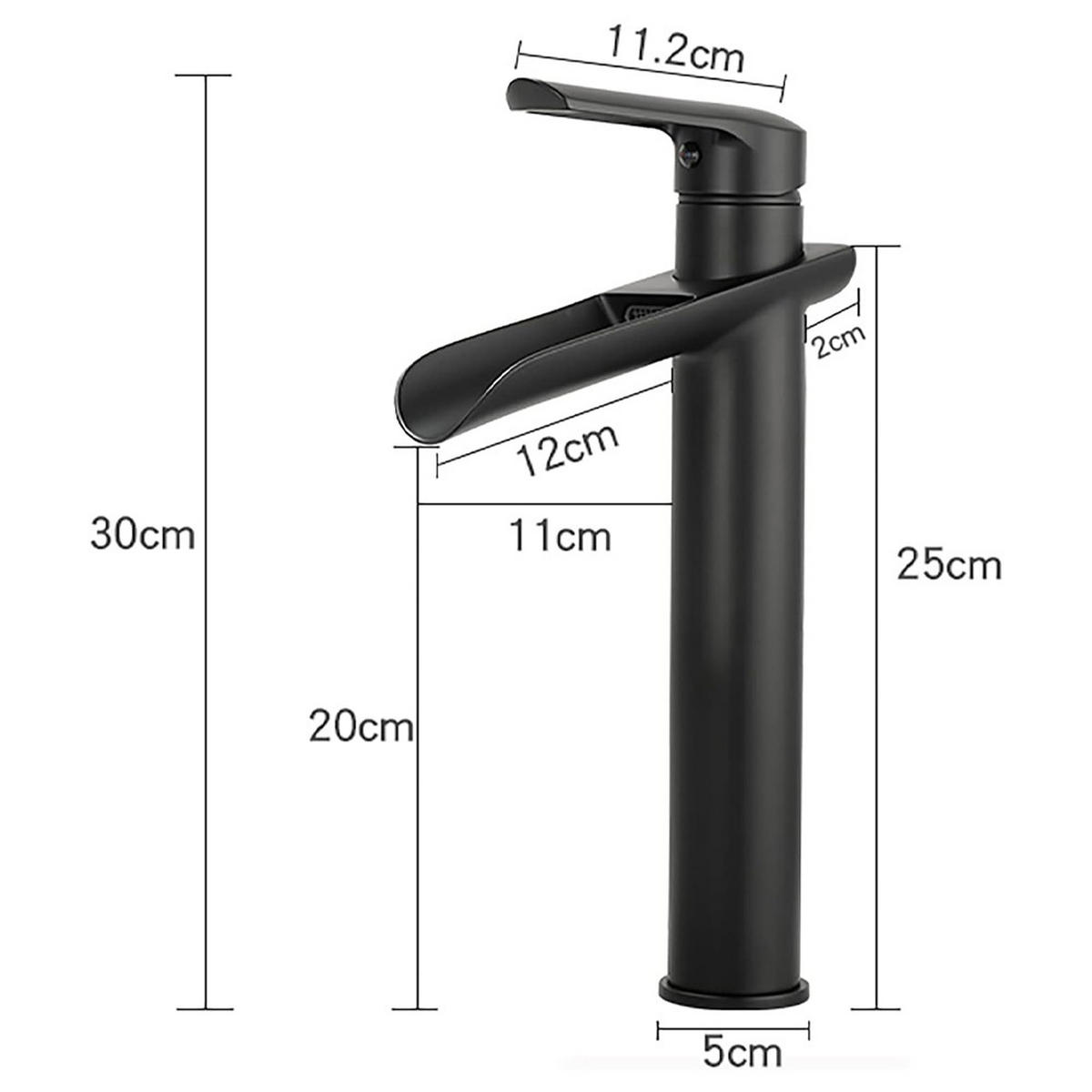 WASCHBECKENARMATUR mit Wasserfallauslauf, hohe Einhebelmischer, Messing schwarz matt - Schwarz, Metall (5/30/14cm) - TVTIUO