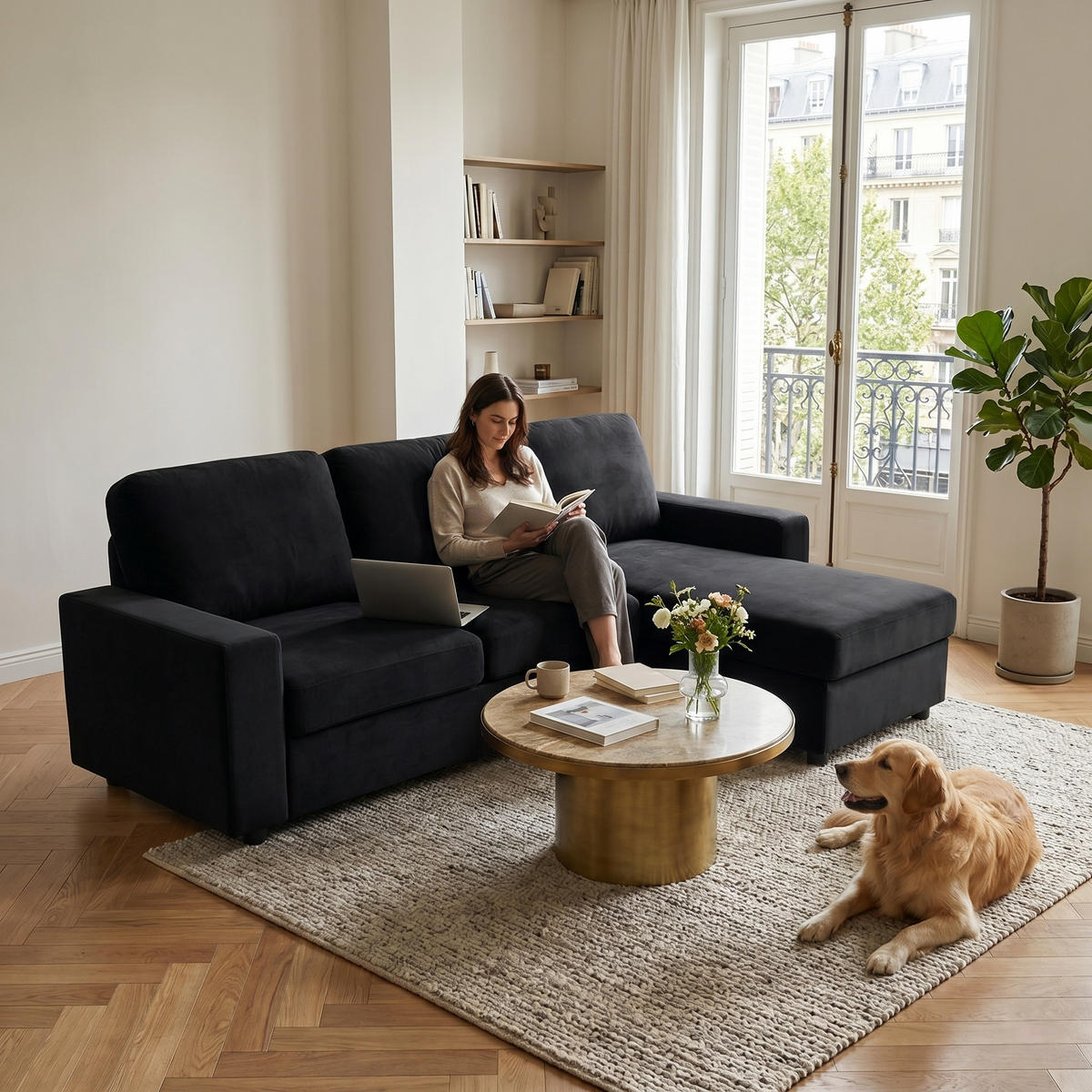ECKSOFA Polyester Schwarz mit Stauraum - Schwarz, Holzwerkstoff/Textil (245.5/150.5cm) - WISHDOR