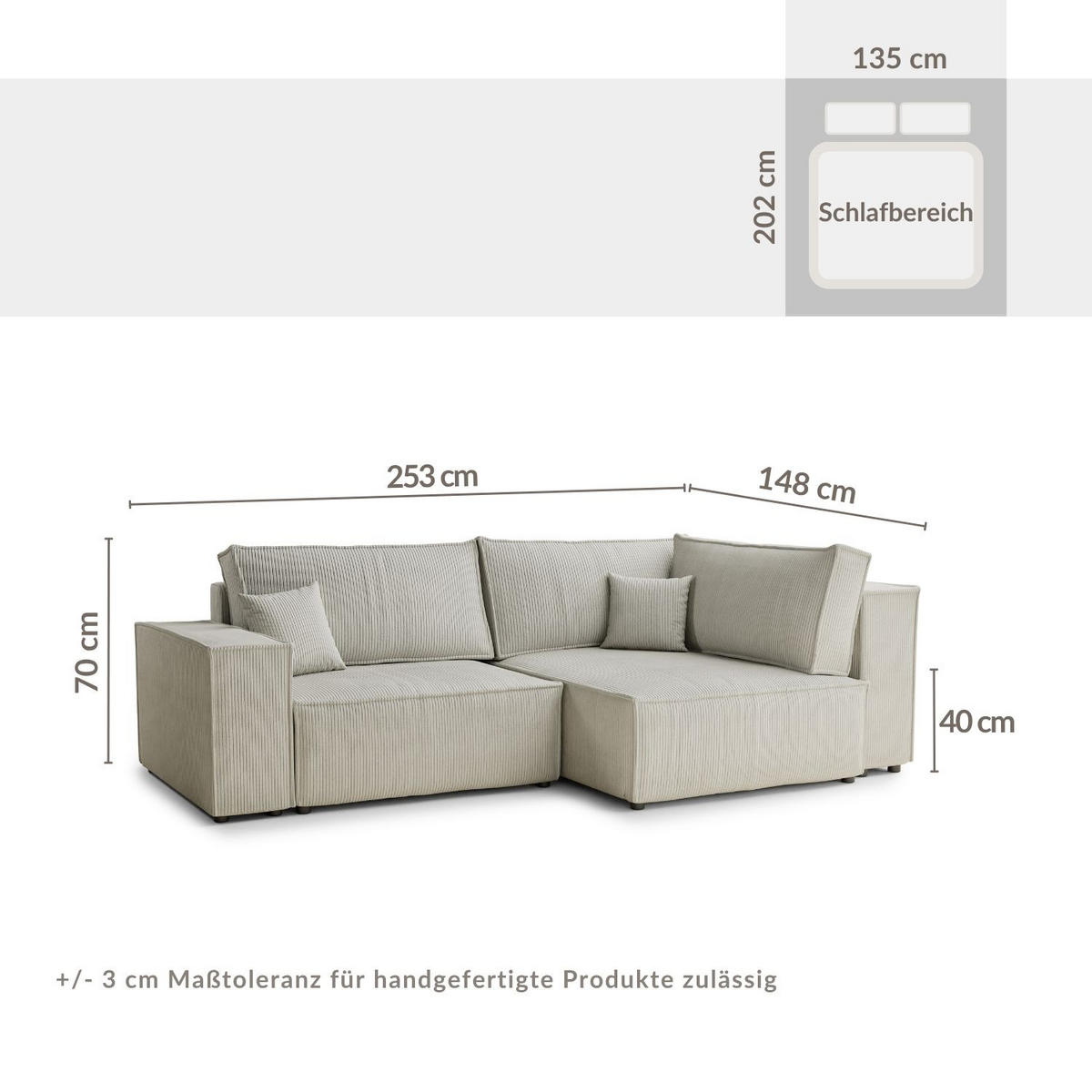 ECKSOFA MIT SCHLAFFUNKTION Tonga Beige Samtstoff - Beige/Schwarz, Holz/Holzwerkstoff (255/105cm) - Maison de Reve