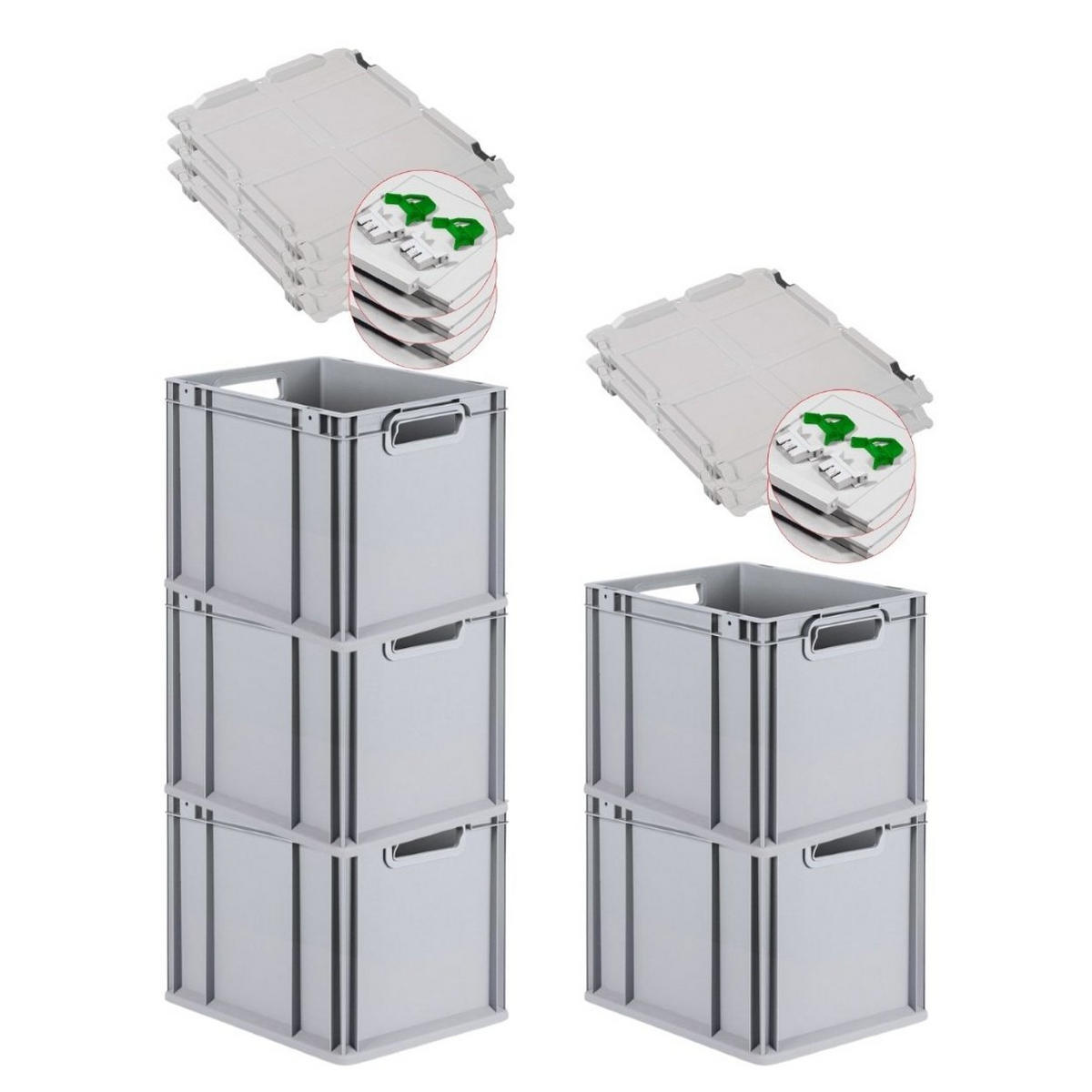 EUROBOX 5x Nextgen Economy Mit Scharnierdeckel Grau/GrünGriffe Offen 30 Liter - Grün, Kunststoff (30/32/40cm) - PROREGAL