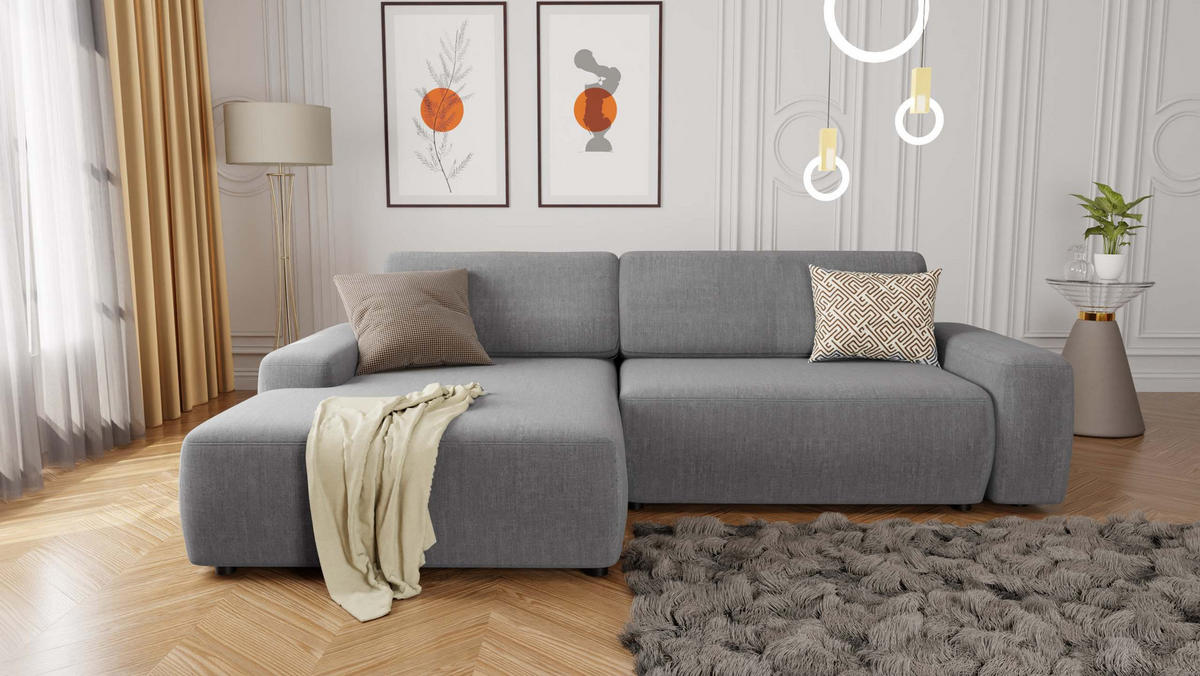 ECKSOFA Lopez Hellgrau Samt-Stoff - Hellgrau/Schwarz, Holz/Kunststoff (264/162cm) - S-Style Möbel