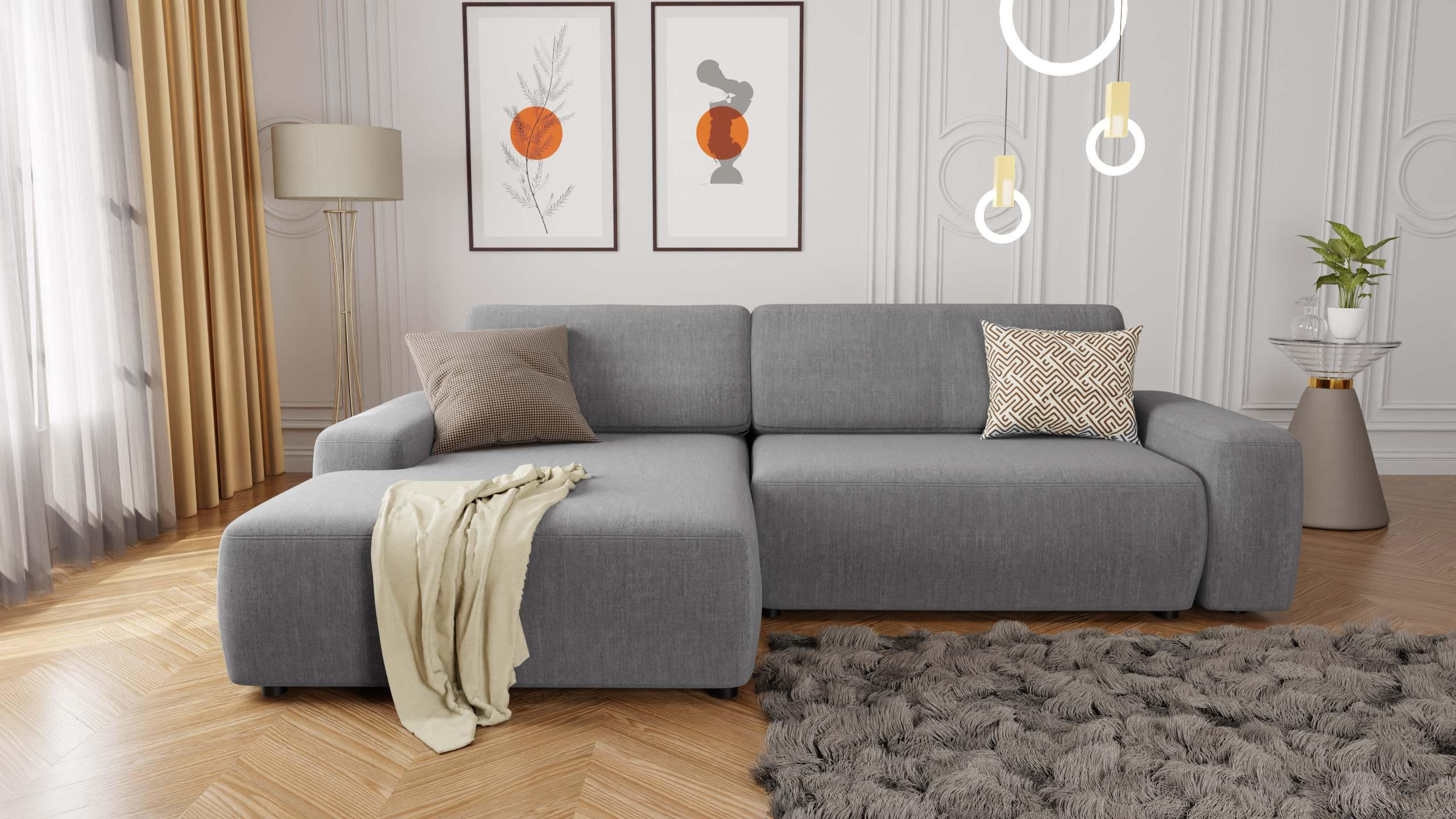 Thumbnail - S-Style Möbel Ecksofa, Hellgrau, Textil, Echtholz,Buche, Birke, 5-Sitzer, Füllung: Silikon,Polyetherschaumkern, Eckteil,...