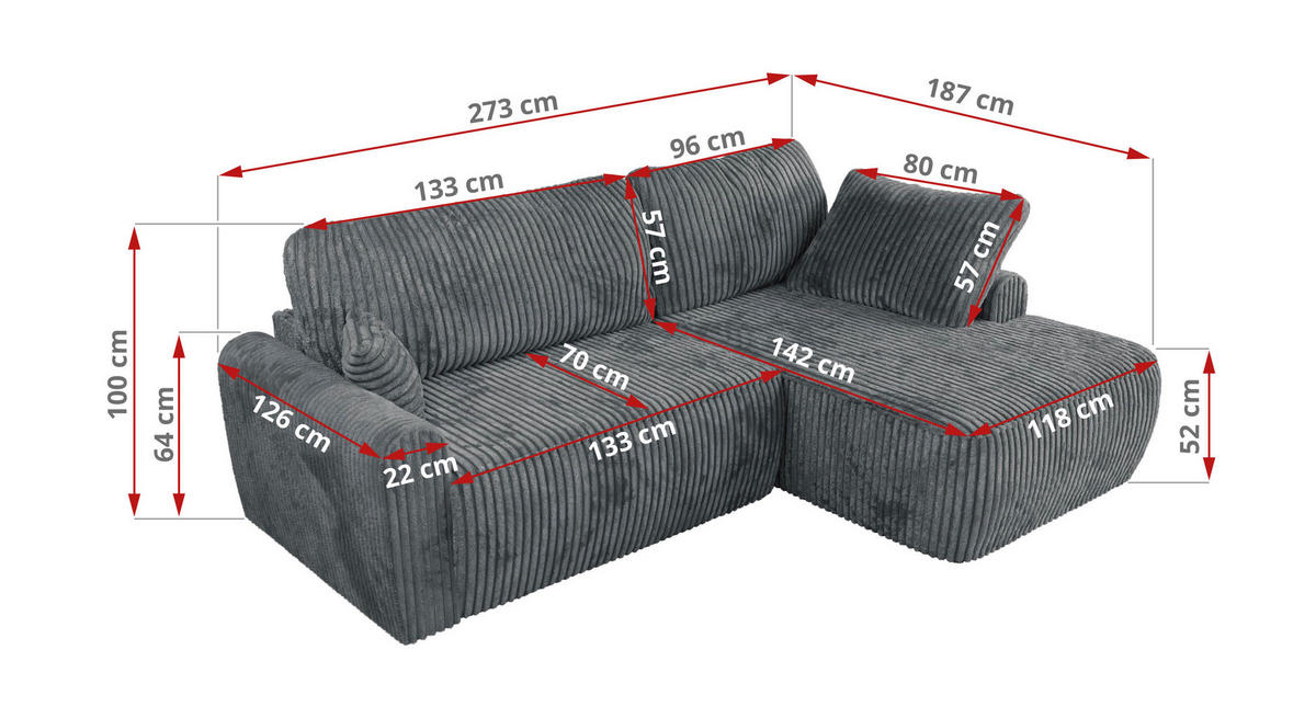 ECKSCHLAFSOFA CUBO L Dunkelgrau Cord - rechts - Dunkelgrau/Schwarz, Kunststoff/Textil (187/273cm) - MKS