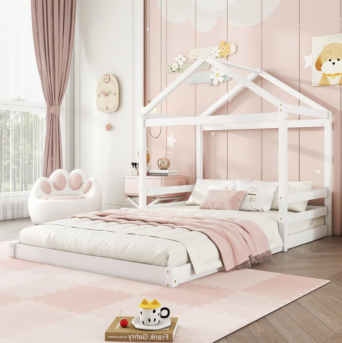 HAUSBETT 140/200 cm in Weiß – aus Kiefernholz mit Dachaufbau - Weiß, Holz (140/200cm) - BEAOK