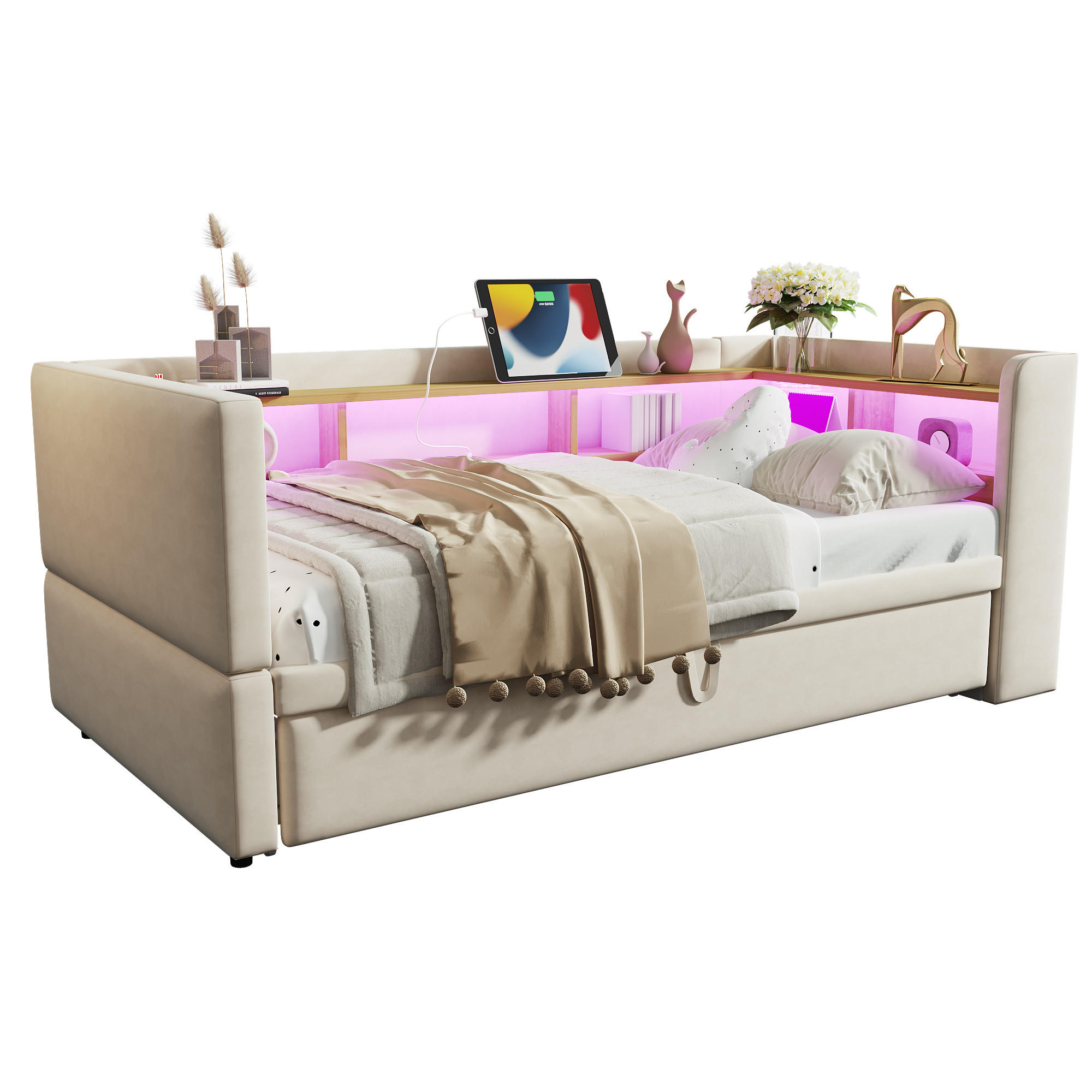 CHICFURN ROZKLÁDACÍ POHOVKA 90/190 cm a 180/190 cm v béžové barvě s LED, zásuvkami a policemi