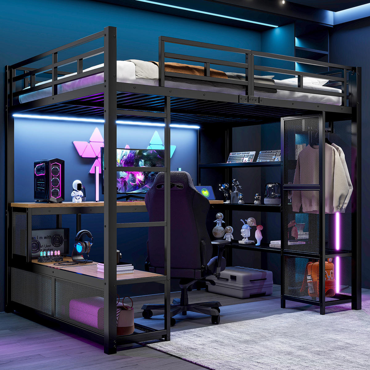 HOCHBETT 140/200 cm aus Metall und MDF mit Schreibtisch Kleiderschrank USB und LED Schwarz - Schwarz, Holzwerkstoff (140/200cm) - Modenvie