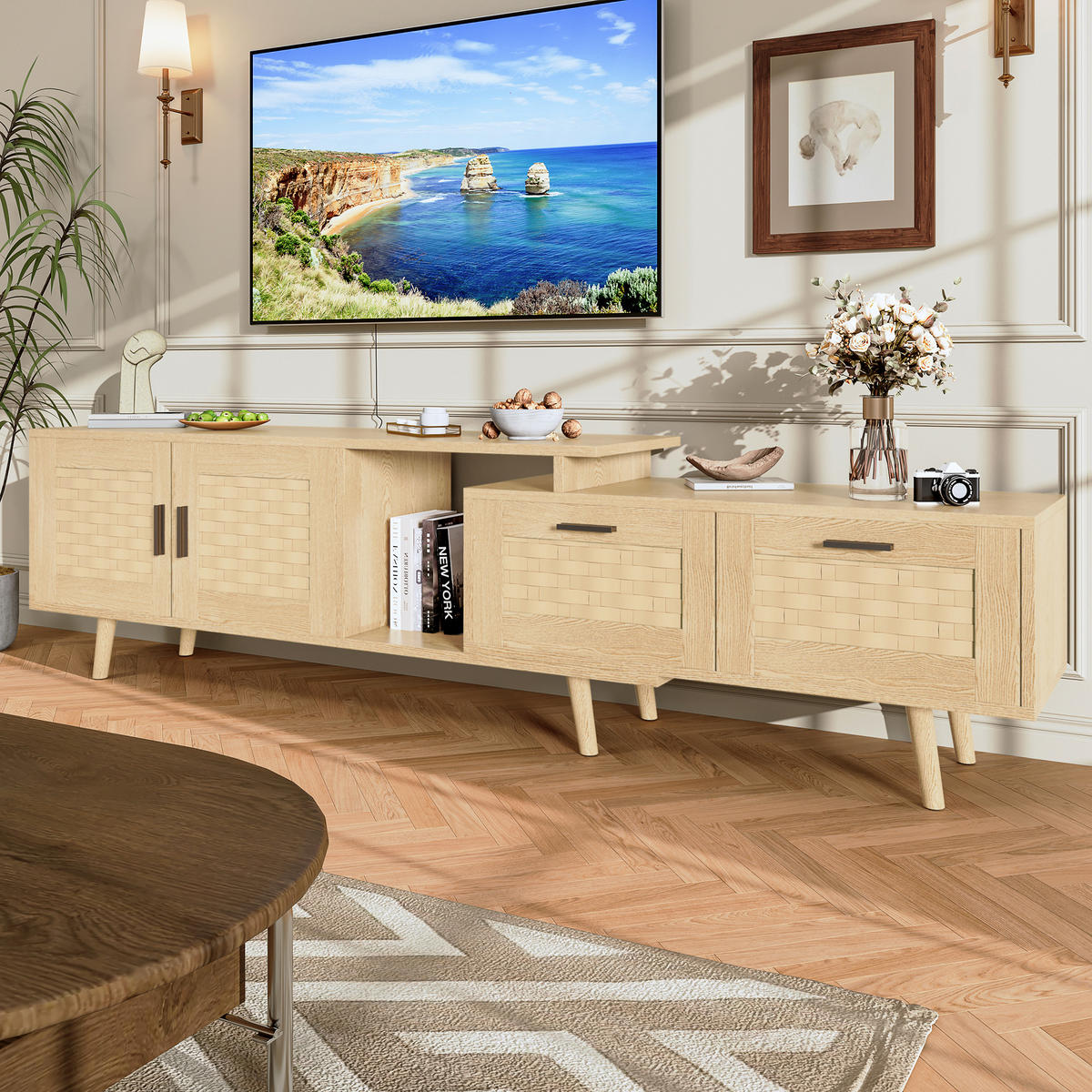 TV-SCHRANK 180x30x44 cm in Rattanoptik mit Schubladen und Türen - Naturfarben, Holz (30/44/180cm) - PARAFTA HOME