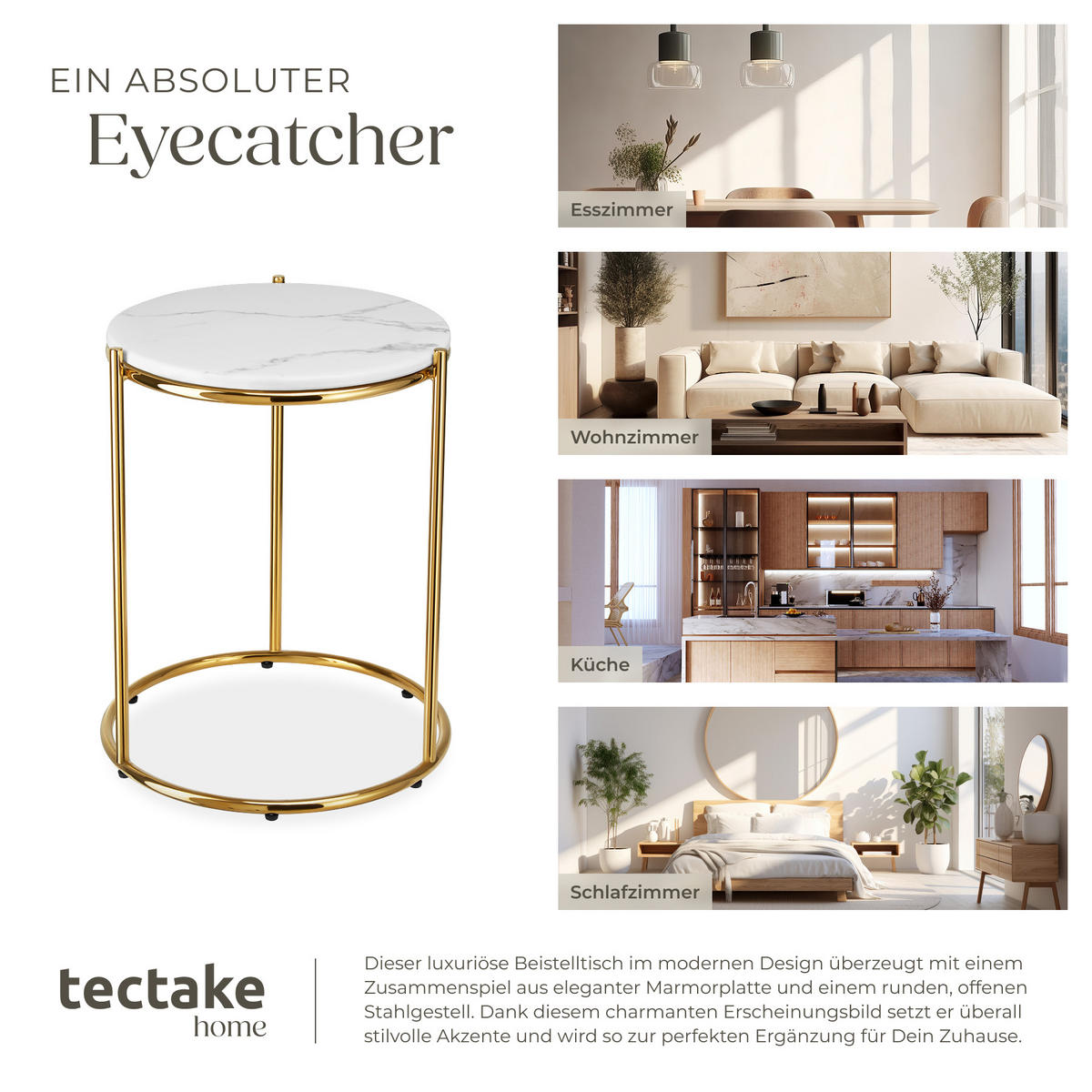 BEISTELLTISCH Ellsa,43 x 43 x 50,5 cm,weiß/gold - Goldfarben/Weiß, Stein (43/43/50.5cm) - tectake