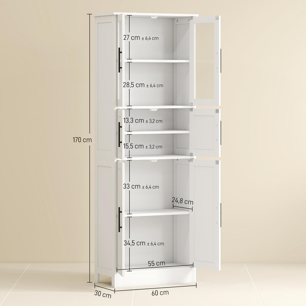 HOCHSCHRANK DE-12536 6 Türen, 2 Glasfronten, verstellbare Böden, Weiß - Weiß, Holzwerkstoff (30/170/60cm) - ComfortXL