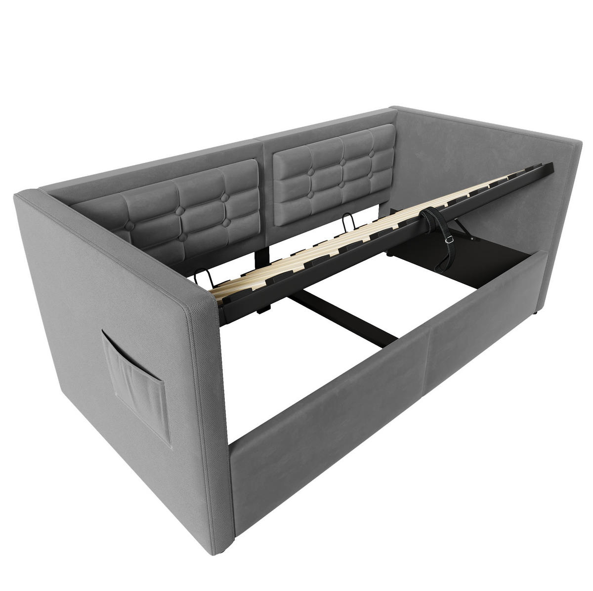 BETT 90/200 cm Grau aus Samt mit Stauraum und USB/Type-C - Grau, Textil (90/200cm) - OKMYHOME