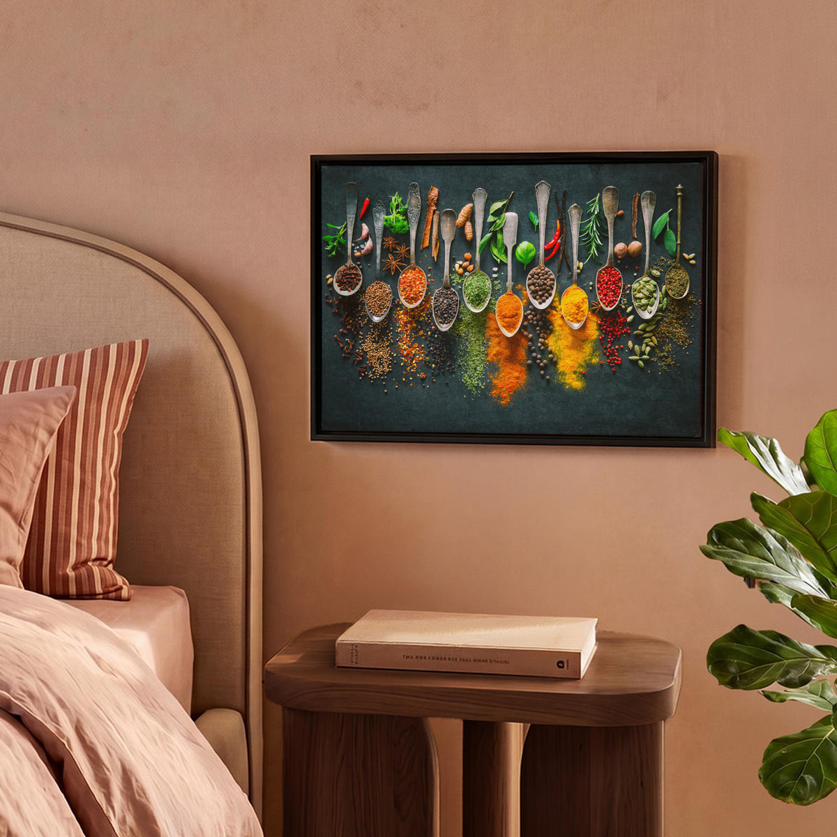 LEINWAND Bilder mit Rahmen - Kräuter - Gewürze - Löffel - 40x30 - Currygelb, Textil (40/30cm) - MuchoWow