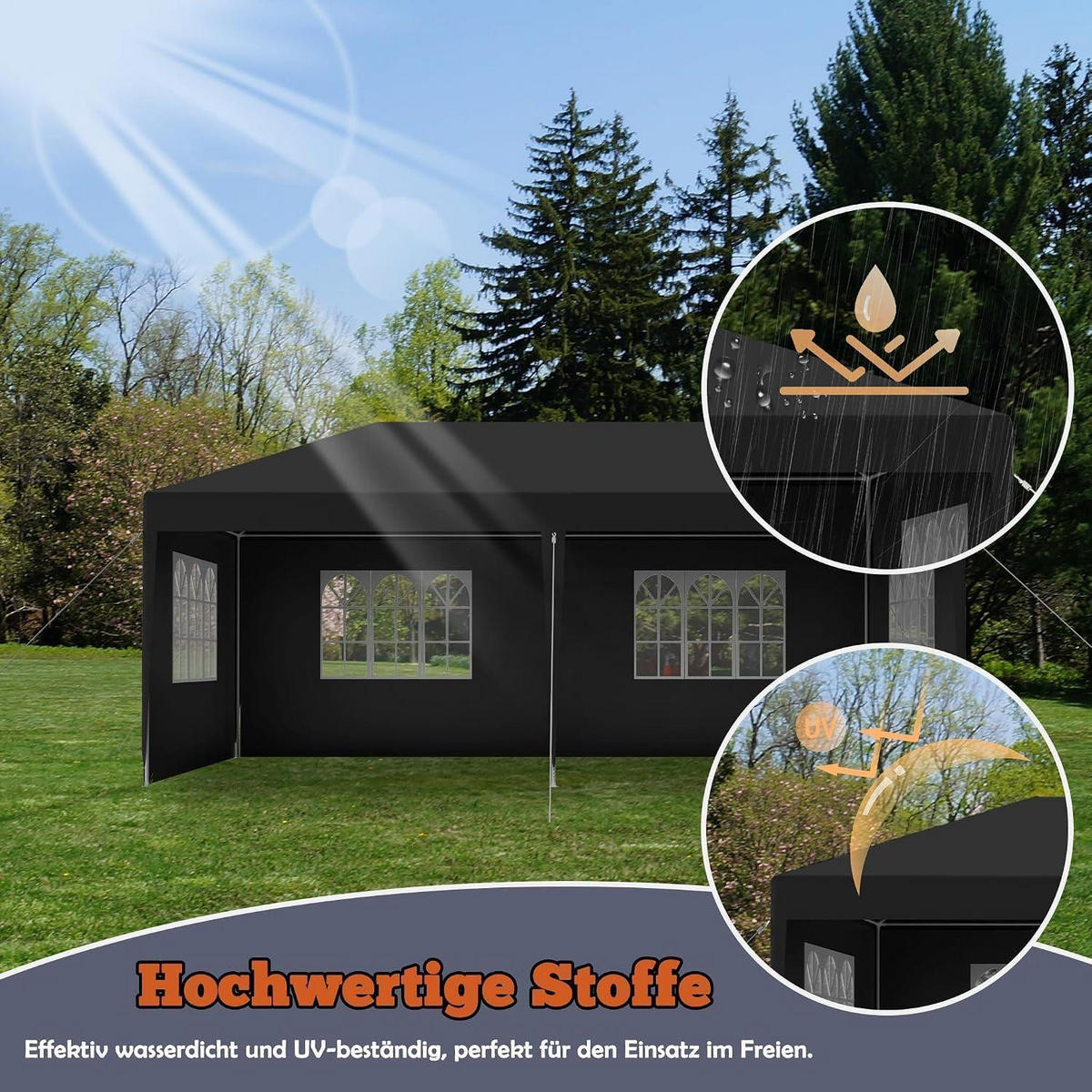 GARTENPAVILLON 3x3m Anthrazit Wasserdicht UV-Schutz mit Seitenteilen und Fenstern - Schwarz, Kunststoff (300/250/300cm)