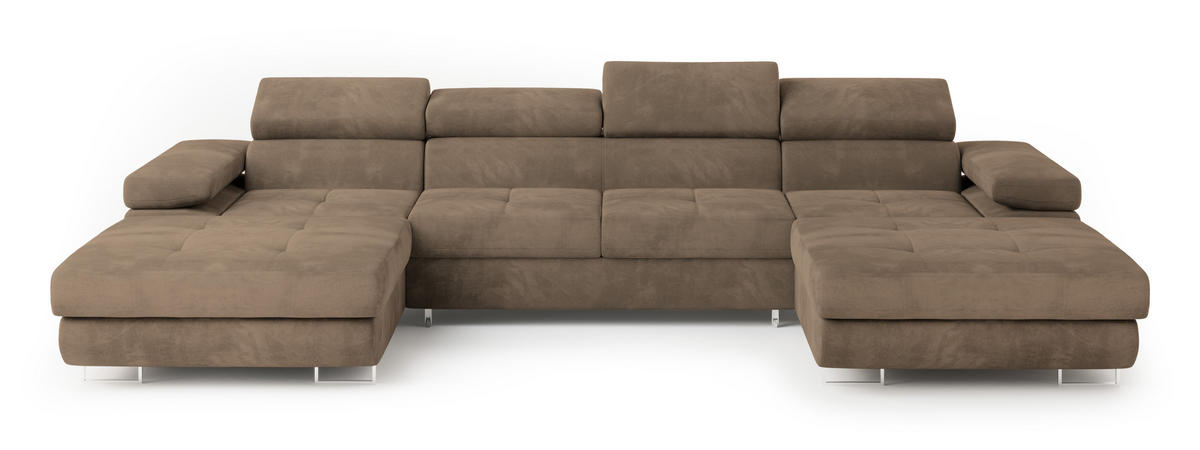 WOHNLANDSCHAFT LYKKE Beige Velours-Stoff mit Schlaffunktion - Beige, Holz (353/90/202cm) - MASSENO